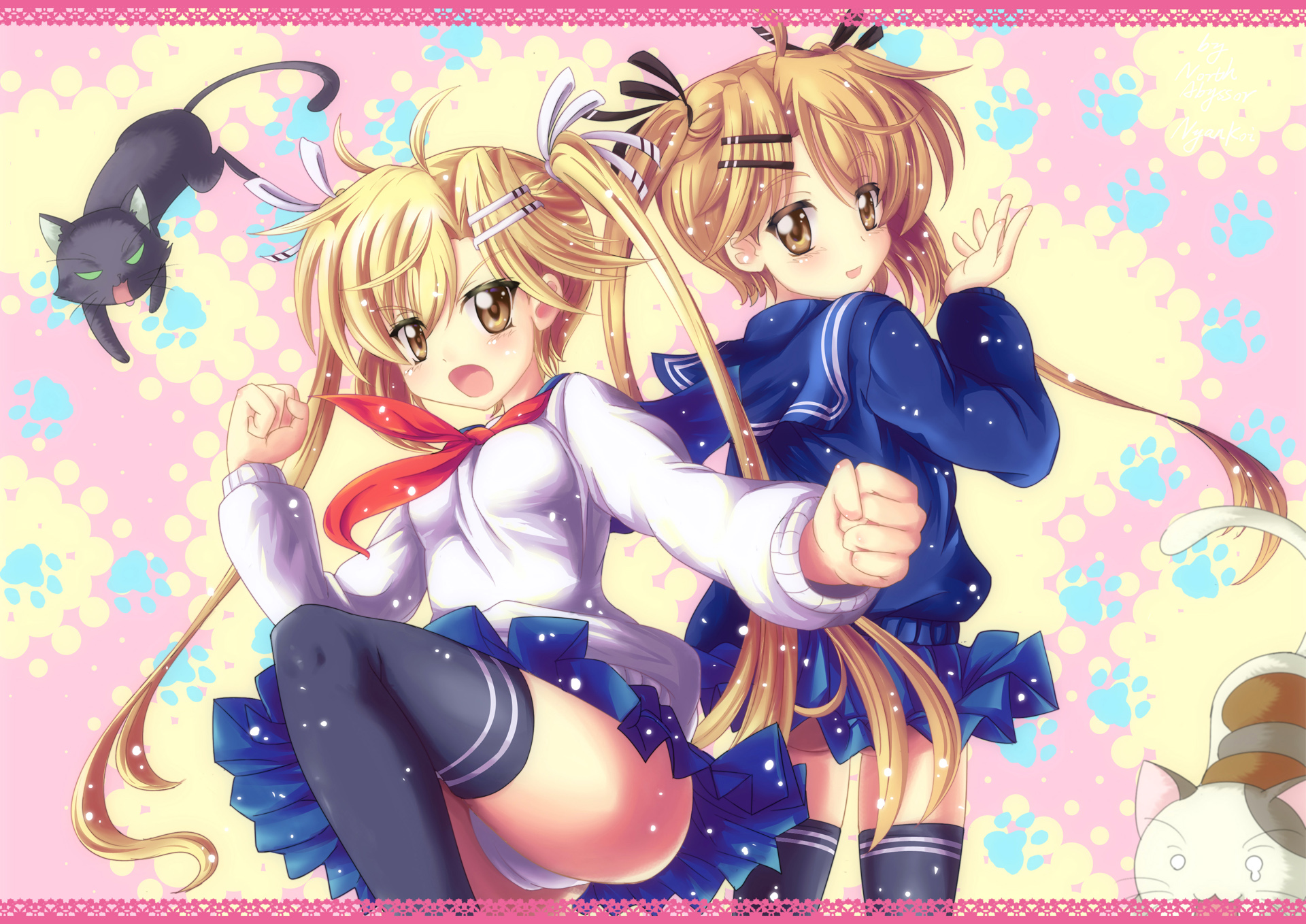 north abyssor, kirishima akari, kirishima kotone, noir (nyan koi), nyan koi!, highres, 00s, 2girls, angry, blonde hair, brown eyes, brown hair, cameltoe, cat, hair ornament, hair ribbon, hairclip, looking back, multiple girls, open mouth, panties, ribbon, school uniform, serafuku, siblings, sisters, thighhighs, twins, twintails, underwear, upskirt, zettai ryouiki