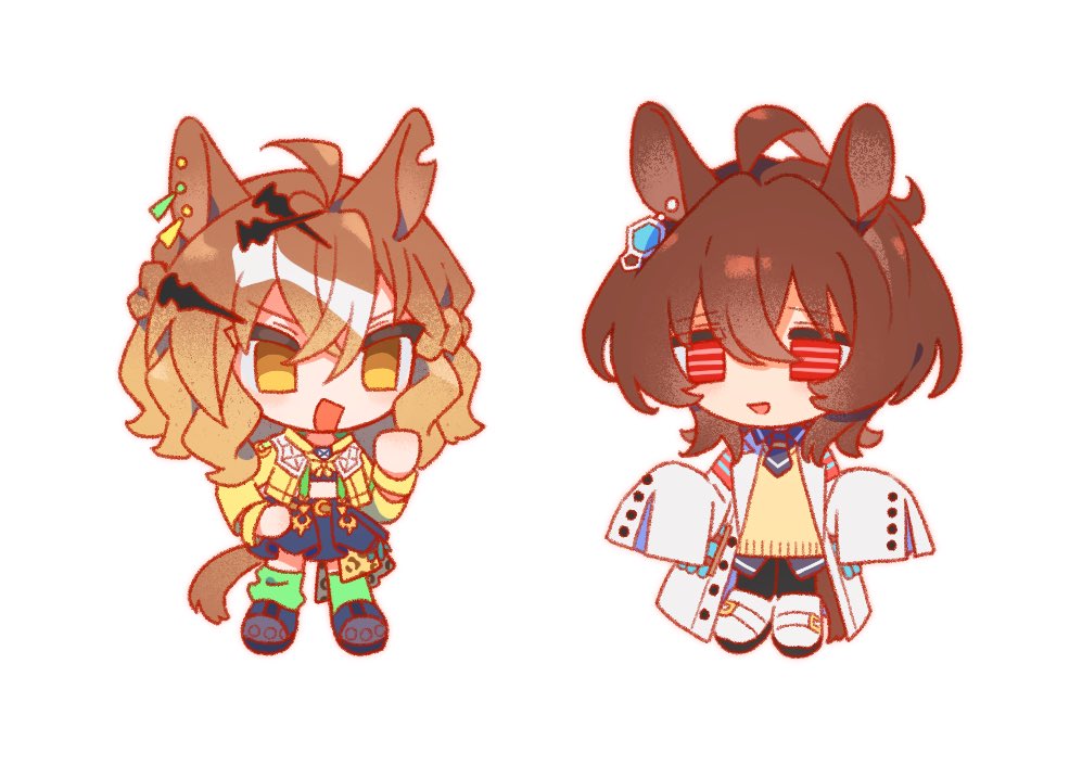 doggwa, agnes tachyon (tach-nology) (umamusume), agnes tachyon (umamusume), jungle pocket (champion's battle cry) (umamusume), jungle pocket (umamusume), umamusume, 2girls, :d, ahoge, animal ear piercing, animal ears, black necktie, black pantyhose, black shirt, black shoes, black skirt, brown hair, chibi, chibi only, coat, collared shirt, crossed bangs, double-parted bangs, full body, green socks, hair between eyes, hair ornament, hairpin, horse ears, horse girl, horse tail, jacket, lab coat, long sleeves, looking at another, medium hair, midriff, multicolored hair, multiple girls, necktie, open clothes, open jacket, open mouth, pantyhose, pleated skirt, red eyes, shirt, shoes, short necktie, sidelocks, simple background, skirt, sleeves past wrists, smile, socks, streaked hair, sweater, tail, white background, white coat, white shoes, yellow eyes, yellow jacket, yellow sweater