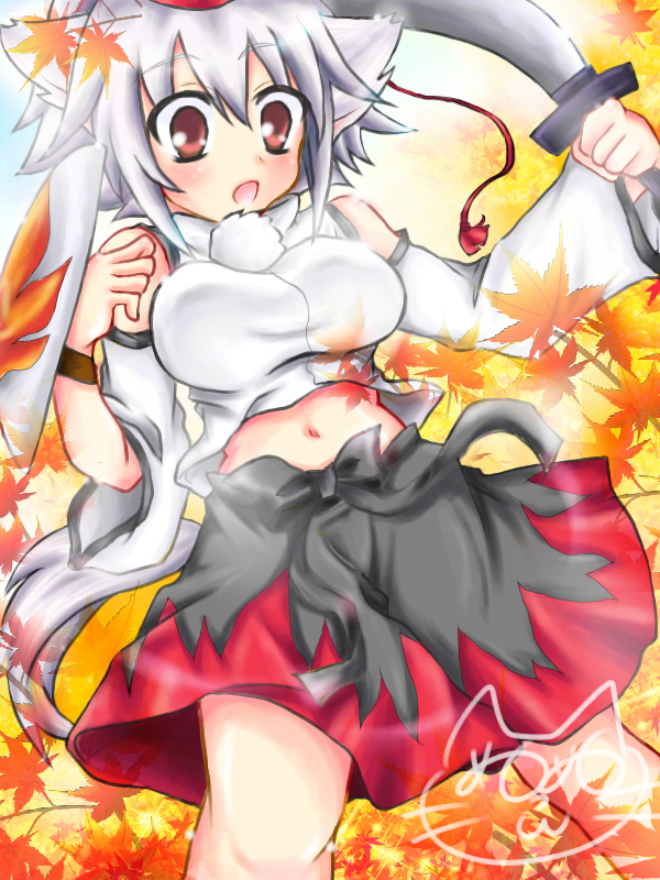 nukomoe, inubashiri momiji, touhou, silver hair, 1girl, animal ears, breasts, detached sleeves, female focus, hat, large breasts, leaf, maple leaf, midriff, navel, red eyes, short hair, solo, sword, tail, tokin hat, weapon, wolf ears, wolf tail