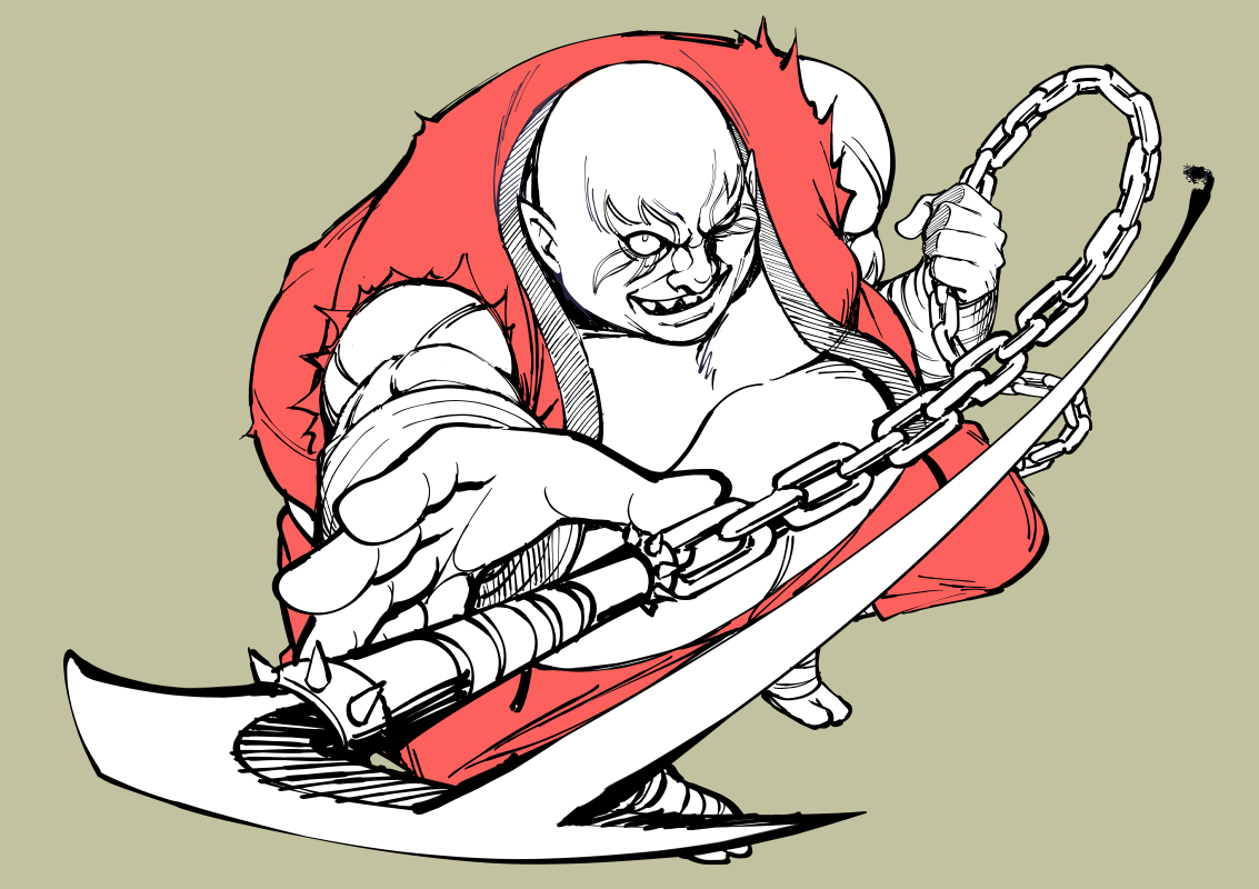 kazeya kazuya, earthquake (samurai spirits), samurai spirits, snk, 1boy, bald, big belly, facial tattoo, fat, fat man, holding, holding sickle, holding weapon, kusarigama, male focus, sharp teeth, sickle, sleeveless, solo, tabi, tattoo, teeth, weapon
