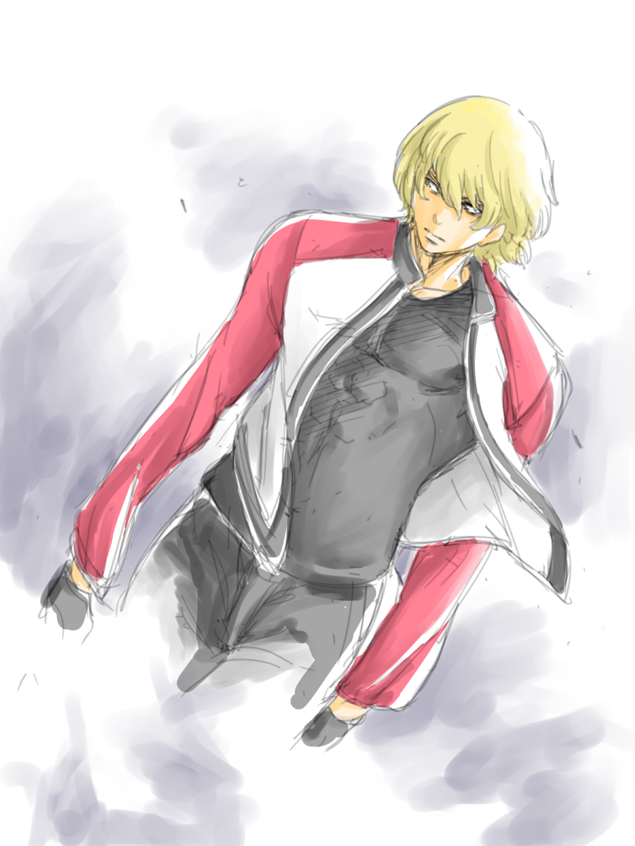 kazeya kazuya, rock howard, fatal fury, garou: mark of the wolves, snk, highres, 1boy, black gloves, black pants, black shirt, blonde hair, fingerless gloves, gloves, hair between eyes, jacket, male focus, pants, red eyes, red jacket, shirt, short hair, solo, unzipped