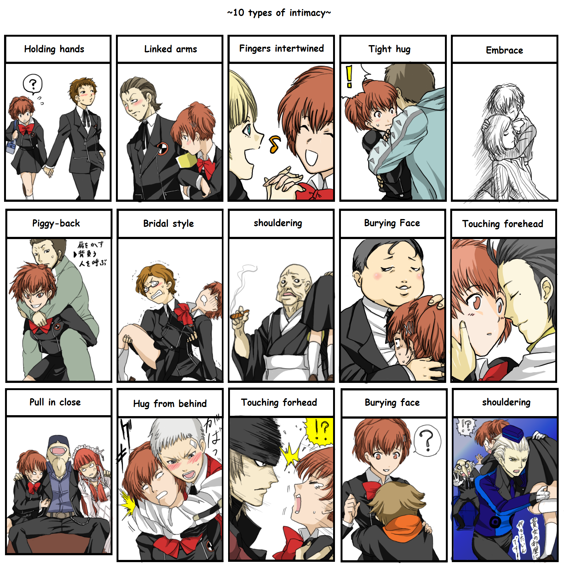 amada ken, andre roland jean gerard, aragaki shinjirou, hiraga keisuke, igor (persona), iori junpei, kamiki akinari, miyamoto kazushi, mochizuki ryouji, sanada akihiko, shiomi kotone, theodore (persona), tomochika kenji, yoshino chidori, atlus, persona, persona 3, persona 3 portable, hard-translated, highres, self-upload, third-party edit, translated, 2girls, 6+boys, angry, bald, beanie, blush, chart, gothic lolita, hat, holding hands, hug, lolita fashion, long nose, multiple boys, multiple girls, old, old man, speech bubble, you gonna get raped