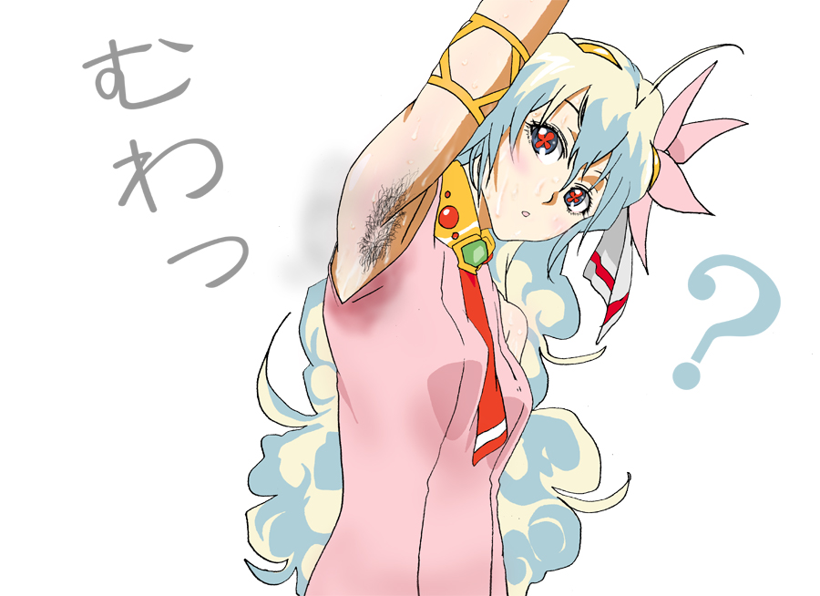 gizumo, nia teppelin, tengen toppa gurren lagann, bad id, bad pixiv id, + +, 00s, 1girl, ?, arm up, armpit hair, armpits, dress, female focus, flower, hair ornament, jewelry, long hair, looking at viewer, multicolored hair, open mouth, pink dress, simple background, smell, solo, sweat, very long hair
