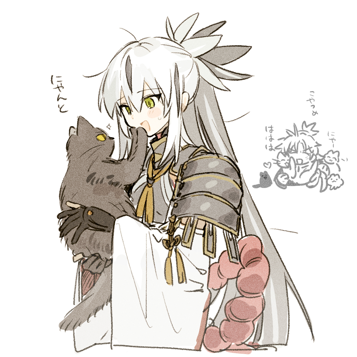 rizu033, nagao kagetora (fate), uesugi kenshin (first ascension) (fate), fate/grand order, fate (series), highres, 1girl, animal, armor, black hair, cat, green eyes, holding, holding animal, holding cat, long sleeves, multicolored hair, open mouth, ponytail, shoulder armor, solo, white hair