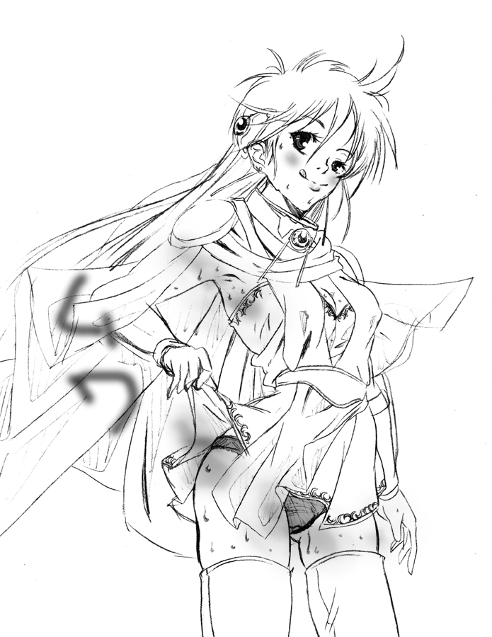 gizumo, 1girl, breasts, cape, female focus, monochrome, panties, smell, solo, standing, sweat, underwear, white background