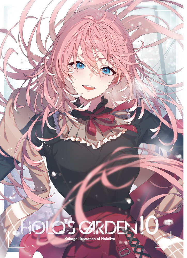 kakage, takane lui, takane lui (casual), comiket 107, hololive, commentary request, 1girl, :d, black shirt, blue eyes, cross-laced slit, floating hair, high-waist skirt, long hair, long sleeves, looking at viewer, neck ribbon, official alternate costume, open mouth, pink hair, red ribbon, red skirt, ribbon, shirt, side slit, skirt, smile, solo, virtual youtuber