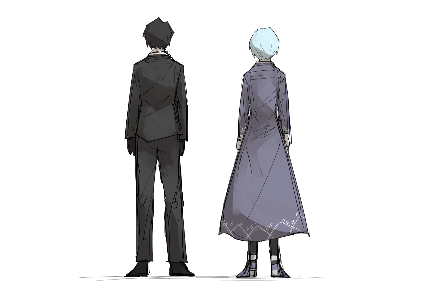 kankan33333, angela (project moon), roland (project moon), library of ruina, project moon, commentary request, variant set, 1boy, 1girl, black gloves, black hair, black pants, black suit, blue coat, blue hair, coat, facing away, formal clothes, from behind, gloves, long coat, pants, shirt, short hair, suit, white background, white shirt