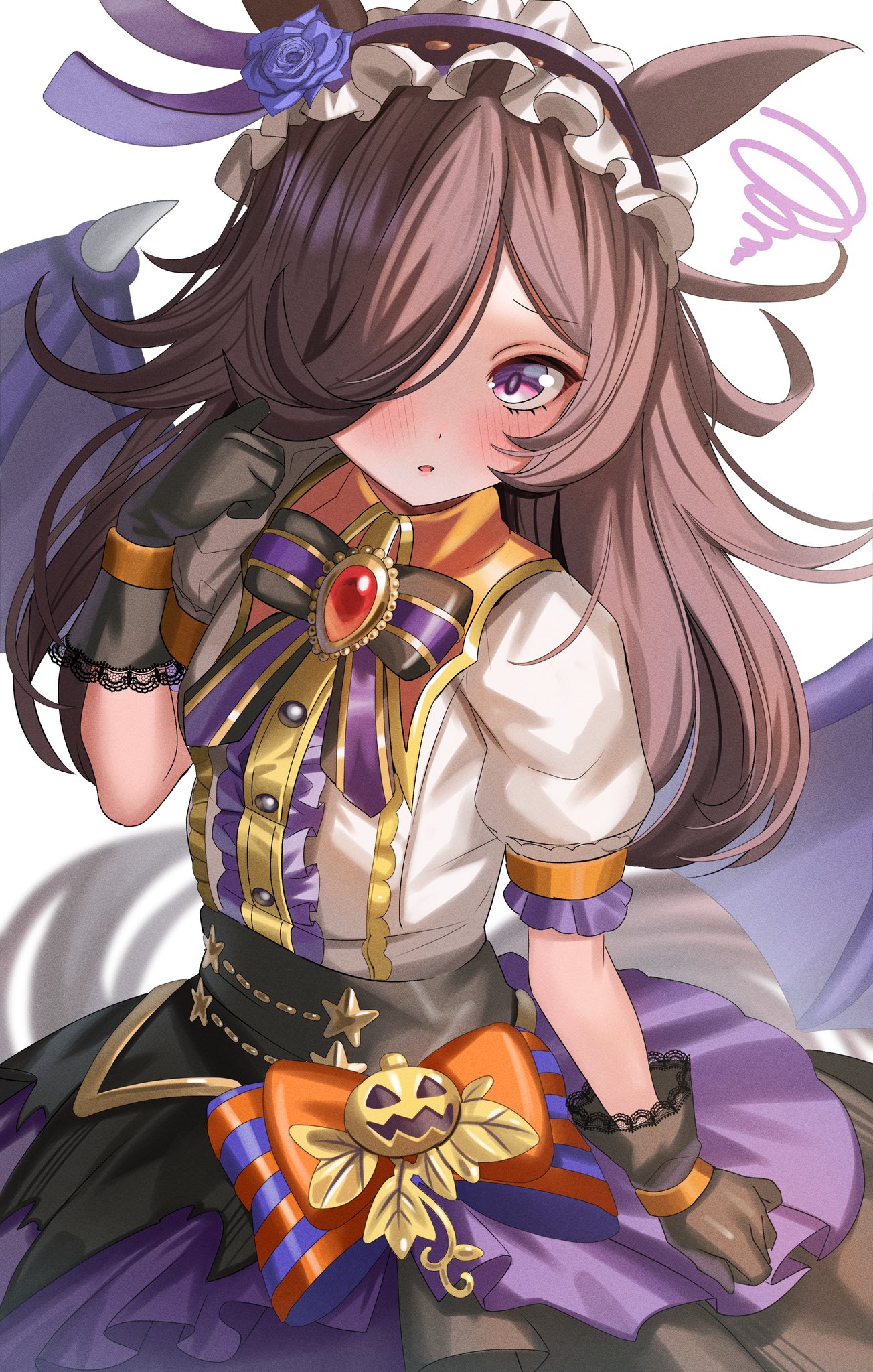 ame sagari, rice shower (umamusume), rice shower (vampire makeover!) (umamusume), umamusume, highres, 1girl, animal ears, bat wings, black gloves, blue flower, blue rose, blush, bow, breasts, brown hair, flipped hair, flower, frilled hairband, frills, gloves, hair over one eye, hairband, halloween, halloween costume, horse ears, horse girl, horse tail, lace, lace-trimmed gloves, lace trim, long hair, looking at viewer, official alternate costume, parted lips, puffy short sleeves, puffy sleeves, purple eyes, purple skirt, purple wings, rose, shirt, short sleeves, skirt, small breasts, solo, squiggle, tail, white shirt, wings