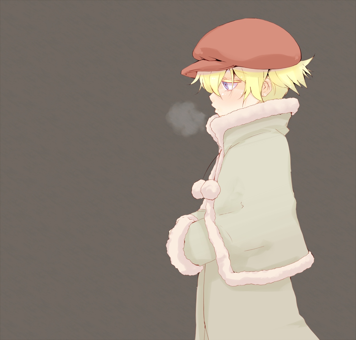 hato haru, july (darker than black), darker than black, 00s, 1boy, blonde hair, breath, fur trim, hat, male focus, mantelet, newsboy cap, purple eyes, short hair, simple background, solo