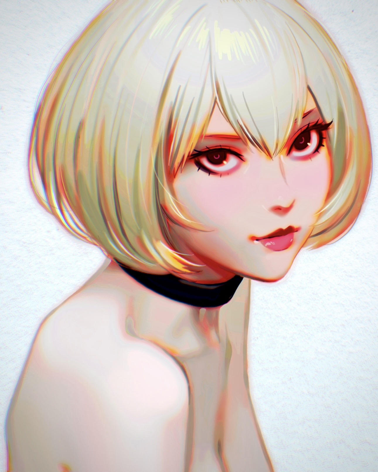 ilya kuvshinov, original, highres, 1girl, bare shoulders, black choker, blonde hair, bob cut, brown eyes, choker, lips, looking at viewer, portrait, short hair, solo, white background