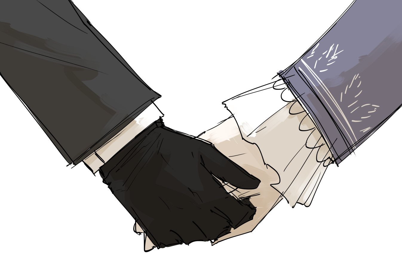 kankan33333, angela (project moon), roland (project moon), library of ruina, project moon, commentary request, 1boy, 1girl, black coat, black gloves, black sleeves, blue coat, coat, frilled sleeves, frills, gloves, holding hands, layered sleeves, shirt, white background, white shirt