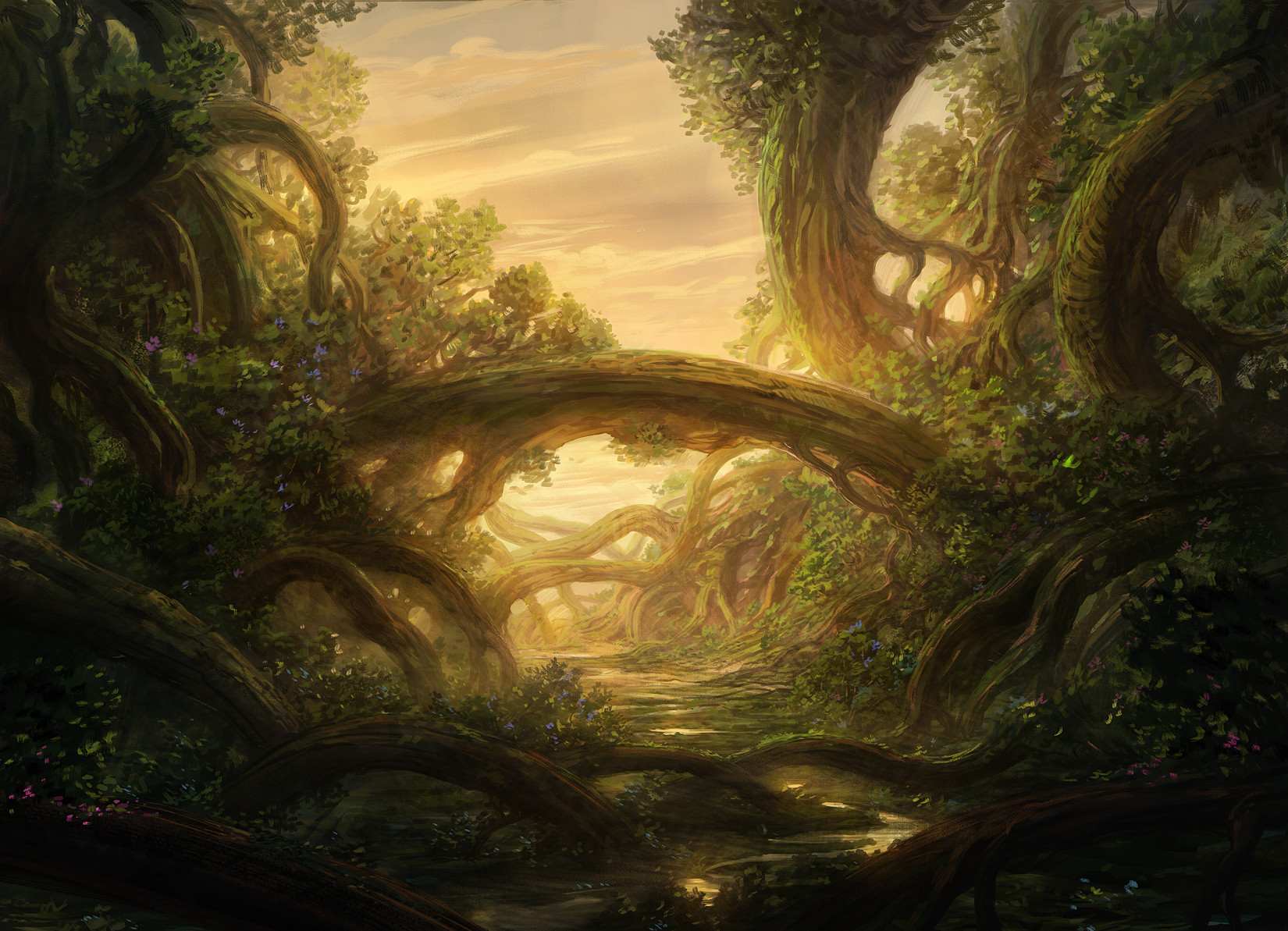 jjcanvas, original, commentary, english commentary, highres, branch, flower, forest, landscape, leaf, nature, no humans, painterly, plant roots, scenery, sky, yellow sky