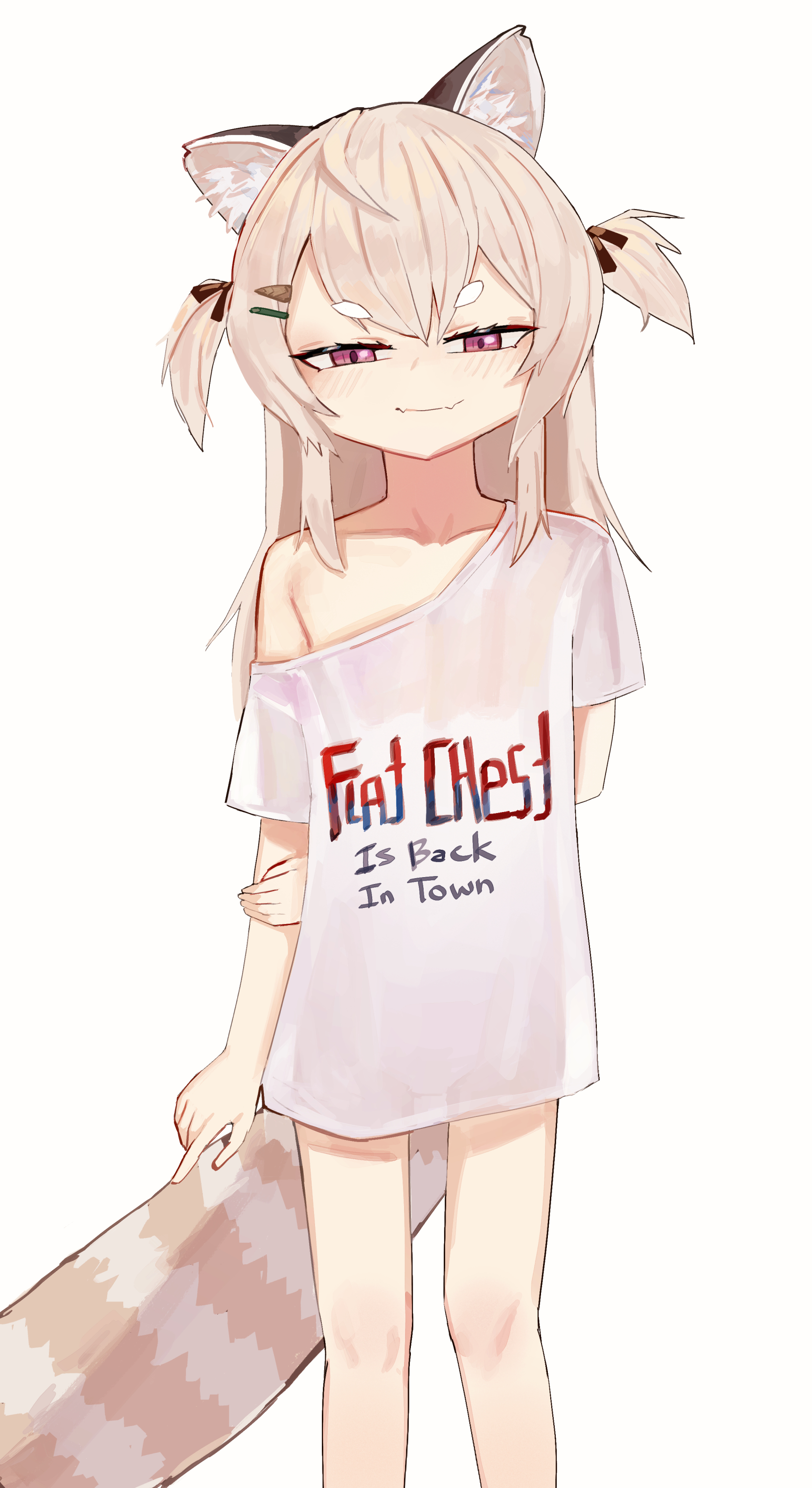 ok1teru, komachi panko, phase connect, 1girl, brown hair, clothes writing, flat chest, long shirt, red panda ears, red panda tail, virtual youtuber