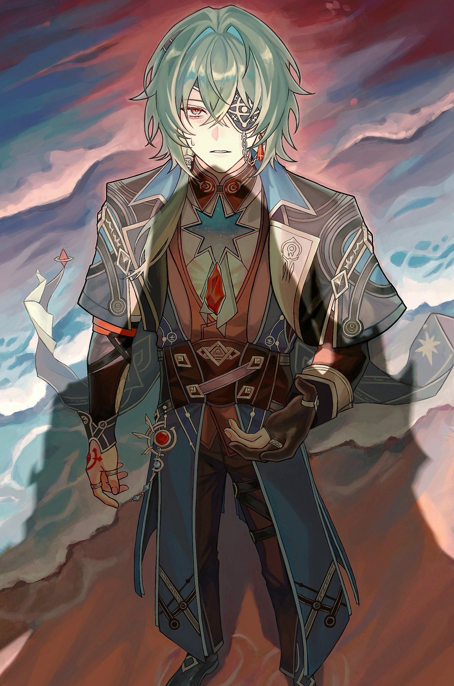 anaxa (honkai: star rail), flame reaver of the deepest dark, phainon (honkai: star rail), honkai: star rail, honkai (series), commentary, english commentary, hashtag-only commentary, highres, 2boys, arm up, bbang kyokk, closed mouth, earrings, hand up, jewelry, looking at another, looking up, multiple boys, ocean, one eye covered, sand, shadow, single earring, standing, teeth