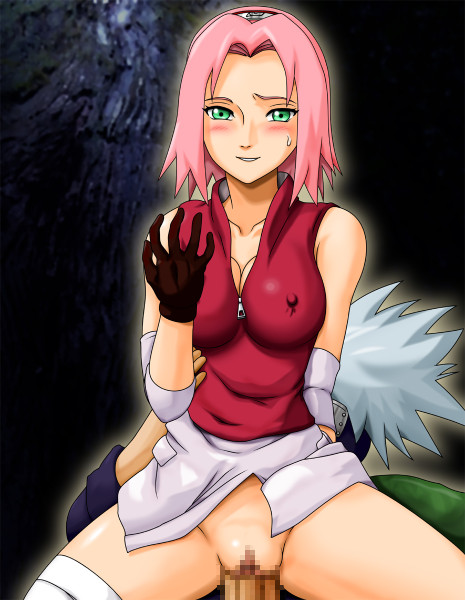 circle anco, haruno sakura, hatake kakashi, naruto (classic), naruto (series), nipples visible through shirt, 1girl, blush, censored, girl on top, nipples, no panties, penis, pussy, reverse cowgirl position, sex, smile, straddling, vaginal