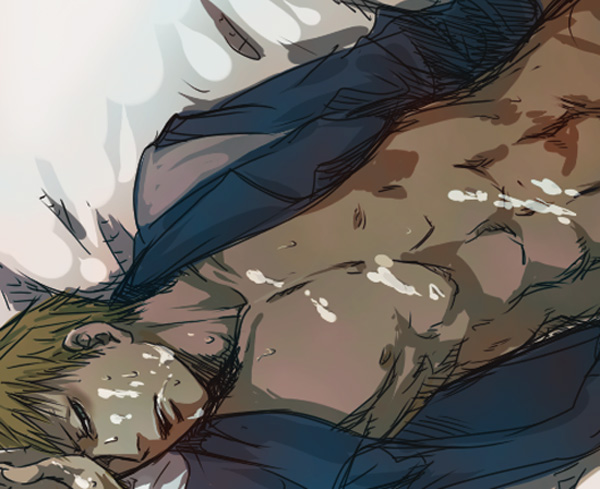 billy kane, snk, the king of fighters, 1boy, cum, male focus, open clothes, open shirt, shirt, solo