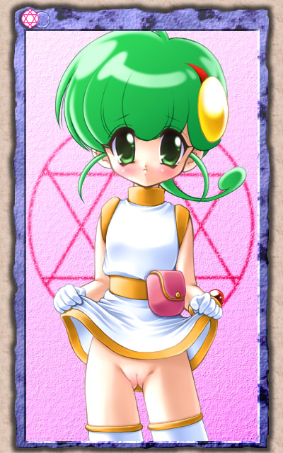 hiiragi rokuna, rokumon tengai mon colle knight, 00s, 1girl, blush, bottomless, clothes lift, dress, elbow gloves, gloves, green eyes, green hair, loli, no panties, pussy, skirt, skirt lift, thighhighs, uncensored