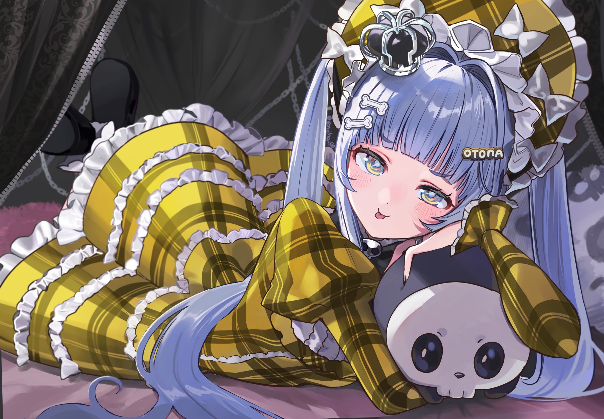 encha, yano kuromu, yano kuromu (3rd costume), vspo!, highres, 1girl, aqua eyes, blue hair, bone hair ornament, bonnet, crown, dress, frilled bonnet, frilled dress, frills, gold dress, hair intakes, hair ornament, hairclip, holding, holding stuffed toy, juliet sleeves, lolita fashion, long hair, long sleeves, looking at viewer, mini crown, official alternate costume, plaid clothes, plaid dress, puffy sleeves, smile, solo, stuffed animal, stuffed toy, tongue, tongue out, twintails, virtual youtuber, yellow bonnet