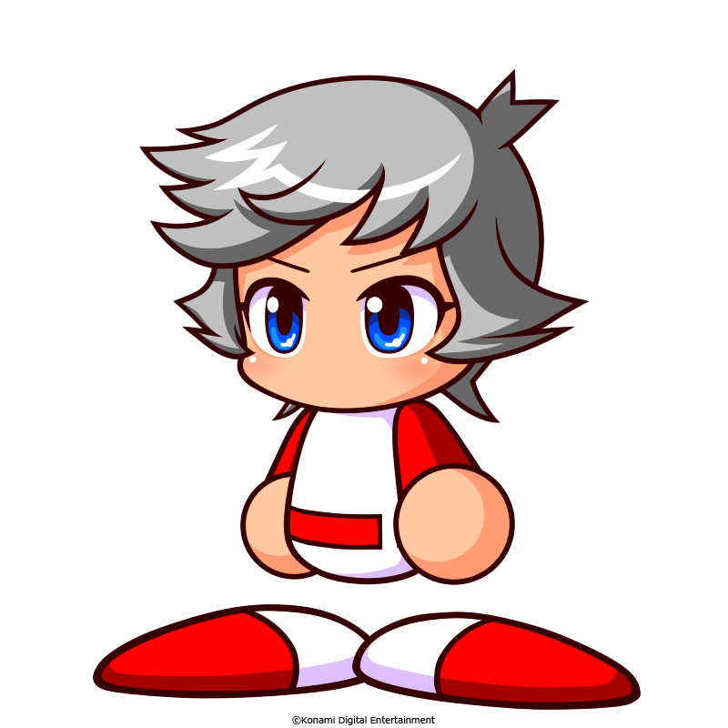 shirase fukiko, jikkyou powerful pro yakyuu, power pro appli, power pro kun pocket, power pro kun pocket 8, artist request, official art, 1girl, baseball uniform, blue eyes, copyright notice, grey hair, jikkyou powerful pro yakyuu (style), multicolored shirt, multicolored shoes, no mouth, rayman limbs, red shirt, red shoes, shirt, shoes, short hair, solo, sportswear, two-tone shirt, two-tone shoes, white background, white shirt, white shoes