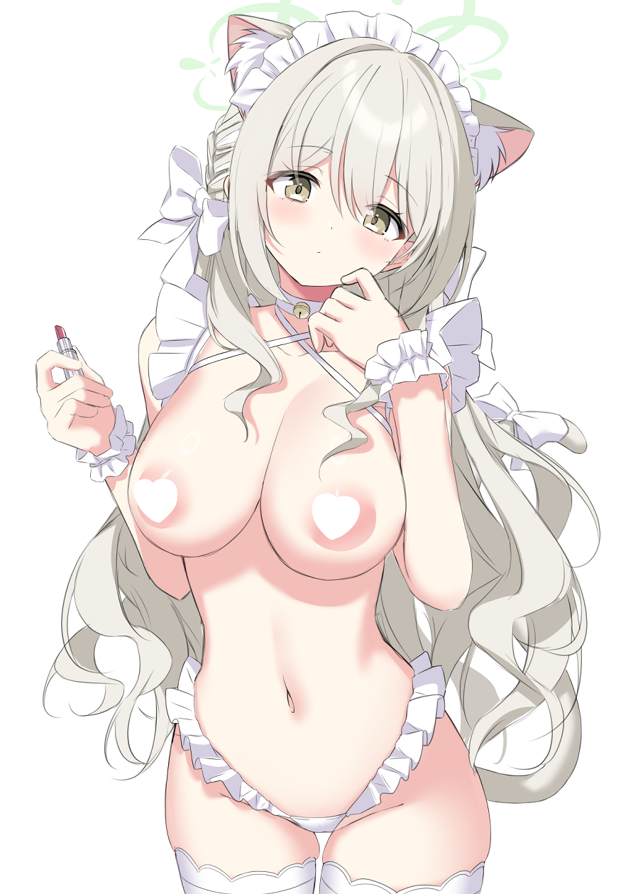 onibi (will o wisp24), miyo (blue archive), blue archive, commentary request, highres, 1girl, breasts, brown eyes, censored, censored nipples, collarbone, cosmetics, green halo, halo, heart, heart censor, holding, holding lipstick tube, large breasts, lingerie, lipstick tube, long hair, looking at viewer, maid headdress, navel, simple background, solo, thighhighs, underwear, white background, white thighhighs