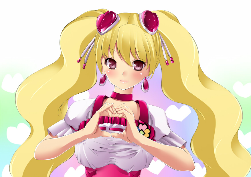 amasora taichi, cure peach, momozono love, fresh precure!, precure, 00s, 1girl, blonde hair, blush, choker, earrings, female focus, hair ornament, heart, heart hair ornament, heart hands, jewelry, long hair, magical girl, red eyes, solo, twintails