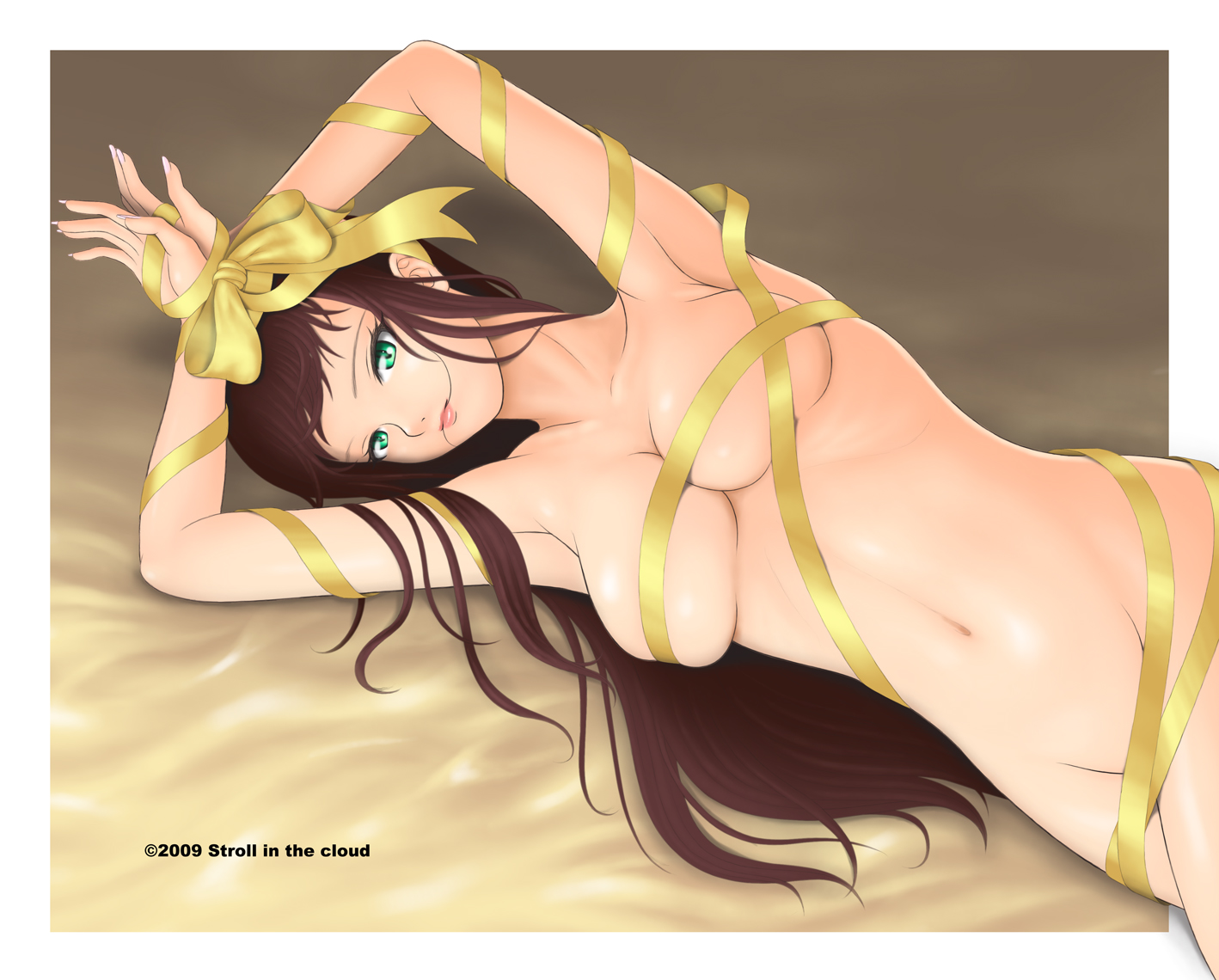 yunbu, bad id, bad pixiv id, 1girl, 2009, breasts, brown hair, female focus, green eyes, groin, long hair, navel, nude, ribbon, solo