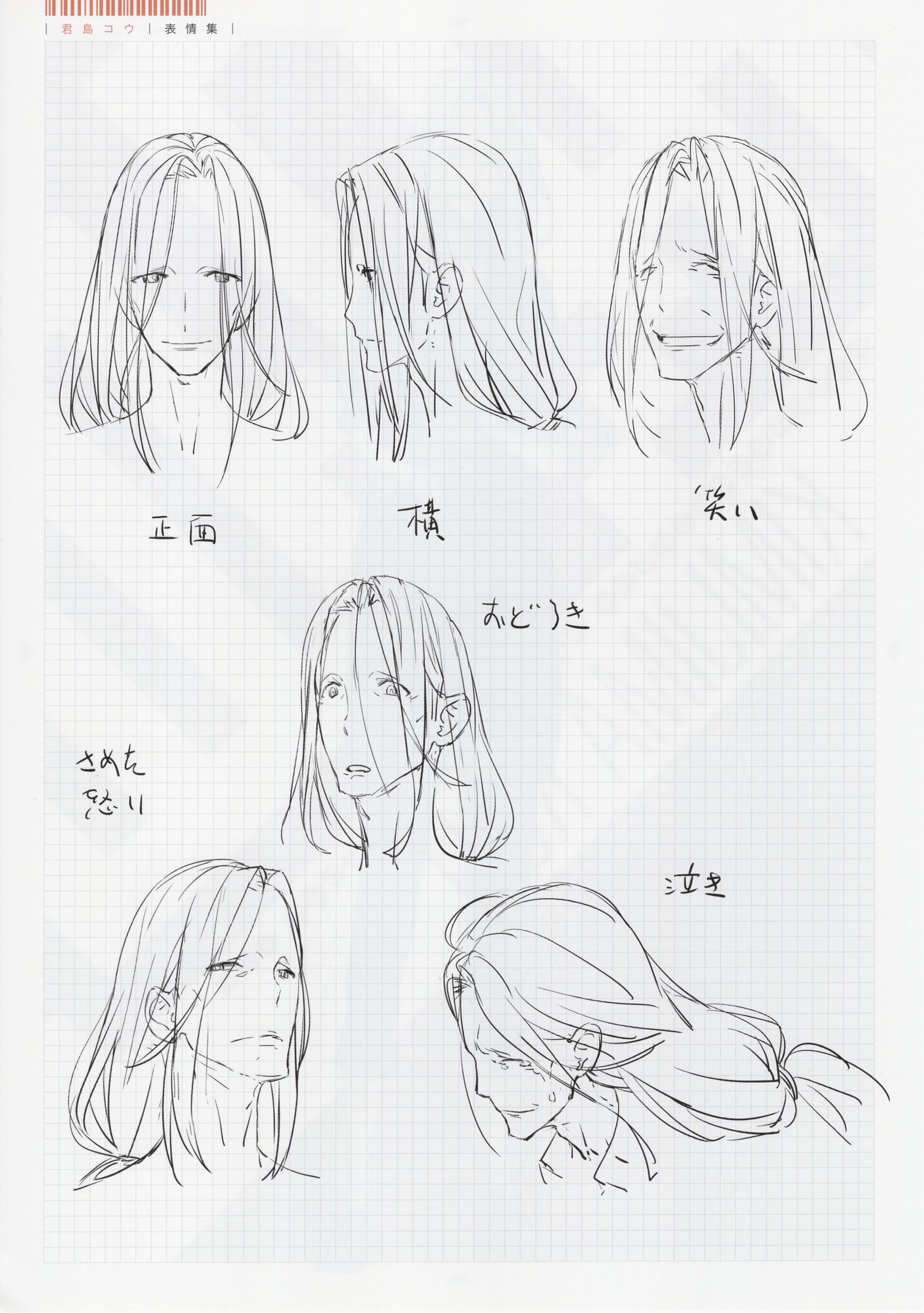 fukuda tomonori, robotics;notes, science adventure, absurdres, highres, non-web source, official art, 1boy, closed eyes, greyscale, kimijima kou, long hair, monochrome, multiple expressions, multiple views, nervous smile, nervous sweating, open mouth, prototype design, sad, sketch, sketchbook, smile, surprised, sweat, tongue