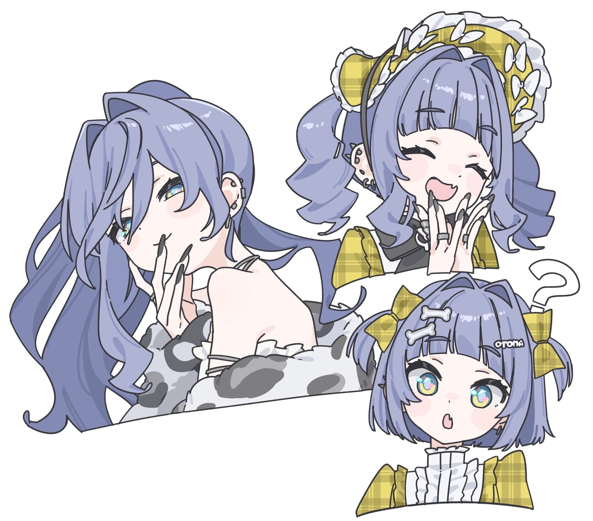 yano kuromu, yano kuromu (2nd costume), yano kuromu (3rd costume), vspo!, highres, 1girl, ?, animal print, blue hair, bone hair ornament, bonnet, bow, ear piercing, fingernails, hair bow, hair intakes, hair ornament, hairclip, happy, jewelry, long fingernails, long hair, looking at viewer, multiple views, nail polish, official alternate costume, piercing, ponytail, ring, rror (4o4fi1en0tf0und), short hair, simple background, smile, tiger print, twintails, two-tone background, upper body, white background, yellow bonnet