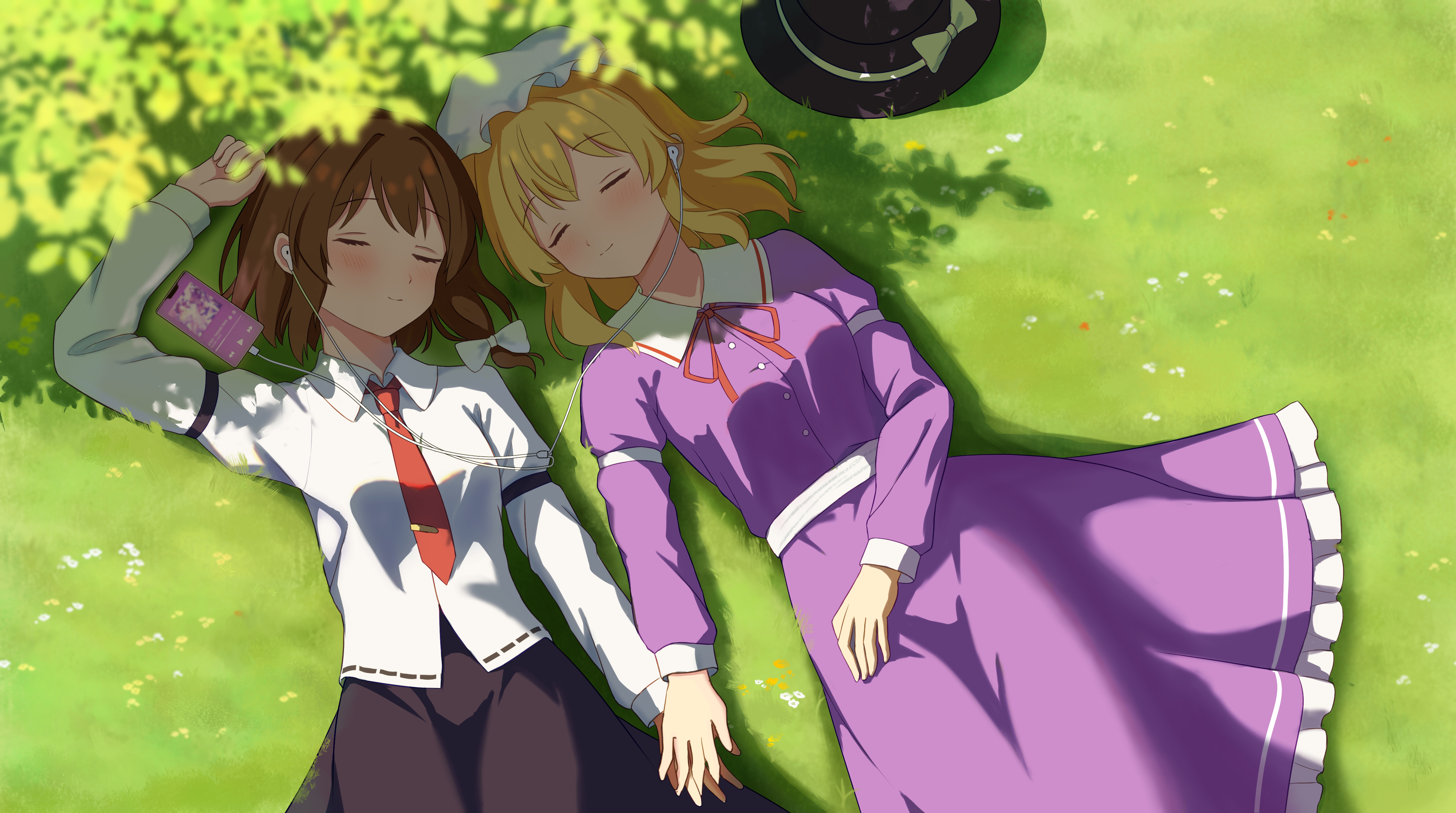 maribel hearn, usami renko, touhou, absurdres, check commentary, chinese commentary, commentary, commentary request, highres, 2girls, black hat, black skirt, blonde hair, blurry, blush, bow, brown hair, buttons, closed eyes, closed mouth, collared dress, collared shirt, contrast collar, dress, dress ribbon, earphones, frilled dress, frills, grass, hair between eyes, hair bow, hand on own leg, hat, hat bow, holding hands, listening to music, long dress, long sleeves, lying, mob cap, multiple girls, on back, on grass, phone, purple dress, red ribbon, ribbon, ribbon-trimmed shirt, ribbon trim, shadow, shared earphones, shiro (user 1048334293), shirt, short hair, skirt, sleeve garter, smile, tree, untucked shirt, unworn headwear, white bow, white hat, white shirt, yuri