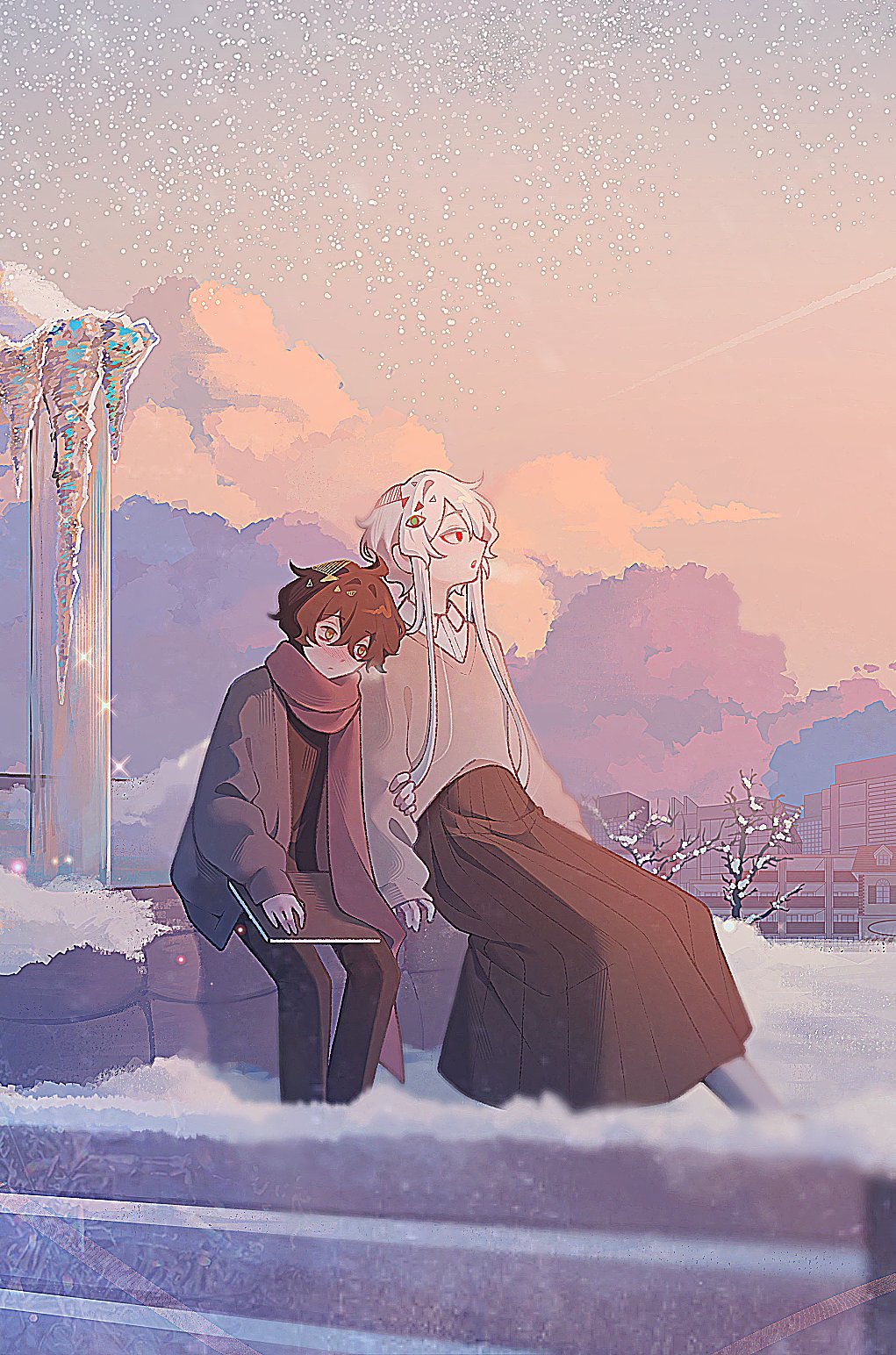 kylar (degrees of lewdity), kylar (male) (degrees of lewdity), player character (degrees of lewdity), degrees of lewdity, commentary, highres, 1boy, 1other, ambiguous gender, bare tree, brown hair, closed mouth, cloud, collared shirt, holding, holding another's arm, holding sketchbook, ia sweets, icicle, long scarf, long sidelocks, long skirt, looking afar, outdoors, parted lips, pastel colors, red eyes, scarf, shirt, short hair, sidelocks, sitting, sketchbook, skirt, sleeves past wrists, snow, sweater, tree, white hair, white shirt, winter, yellow eyes