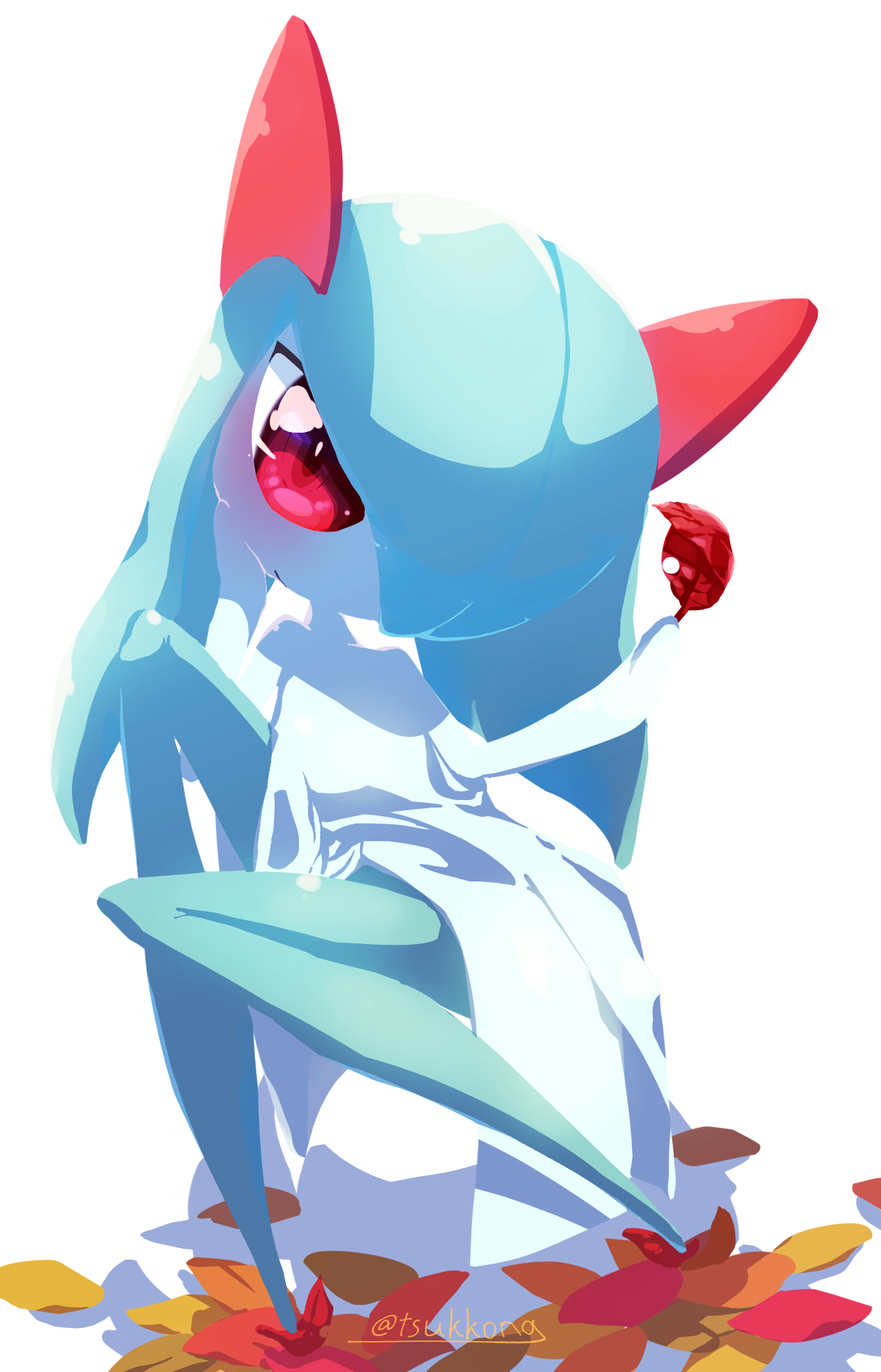 tsukkon, kirlia, nintendo, pokemon, 1girl, artist name, autumn leaves, closed mouth, colored skin, female focus, flat chest, gen 3 pokemon, green hair, green skin, hair over one eye, hand on own cheek, hand on own face, hands up, holding, holding leaf, knee up, leaf, legs, long hair, looking at viewer, multicolored skin, no feet, one eye covered, pokemon (creature), red eyes, sidelocks, signature, simple background, solo, twitter username, two-tone skin, white background, white skin