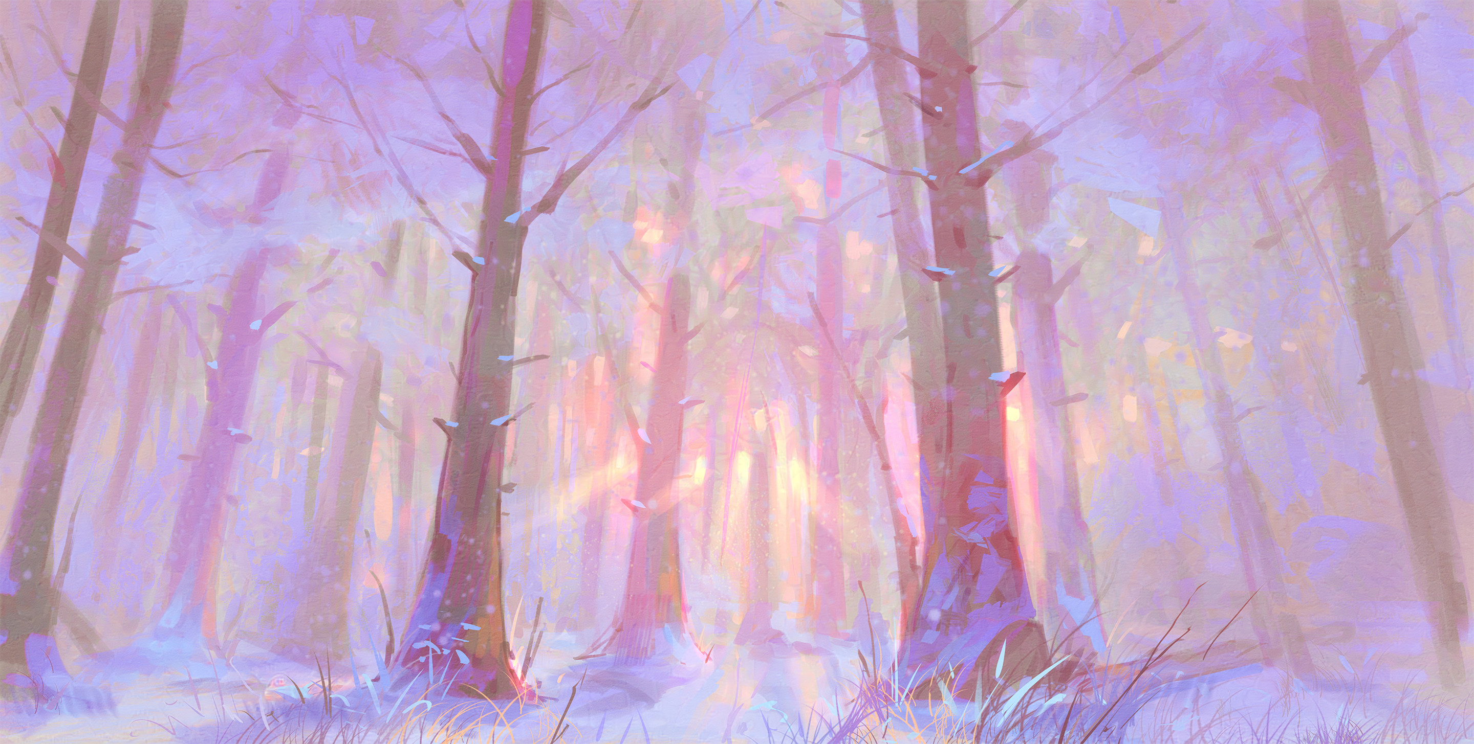 robertogatto, original, commentary, english commentary, highres, bare tree, forest, grass, landscape, light rays, nature, no humans, painterly, scenery, snow, tree, winter