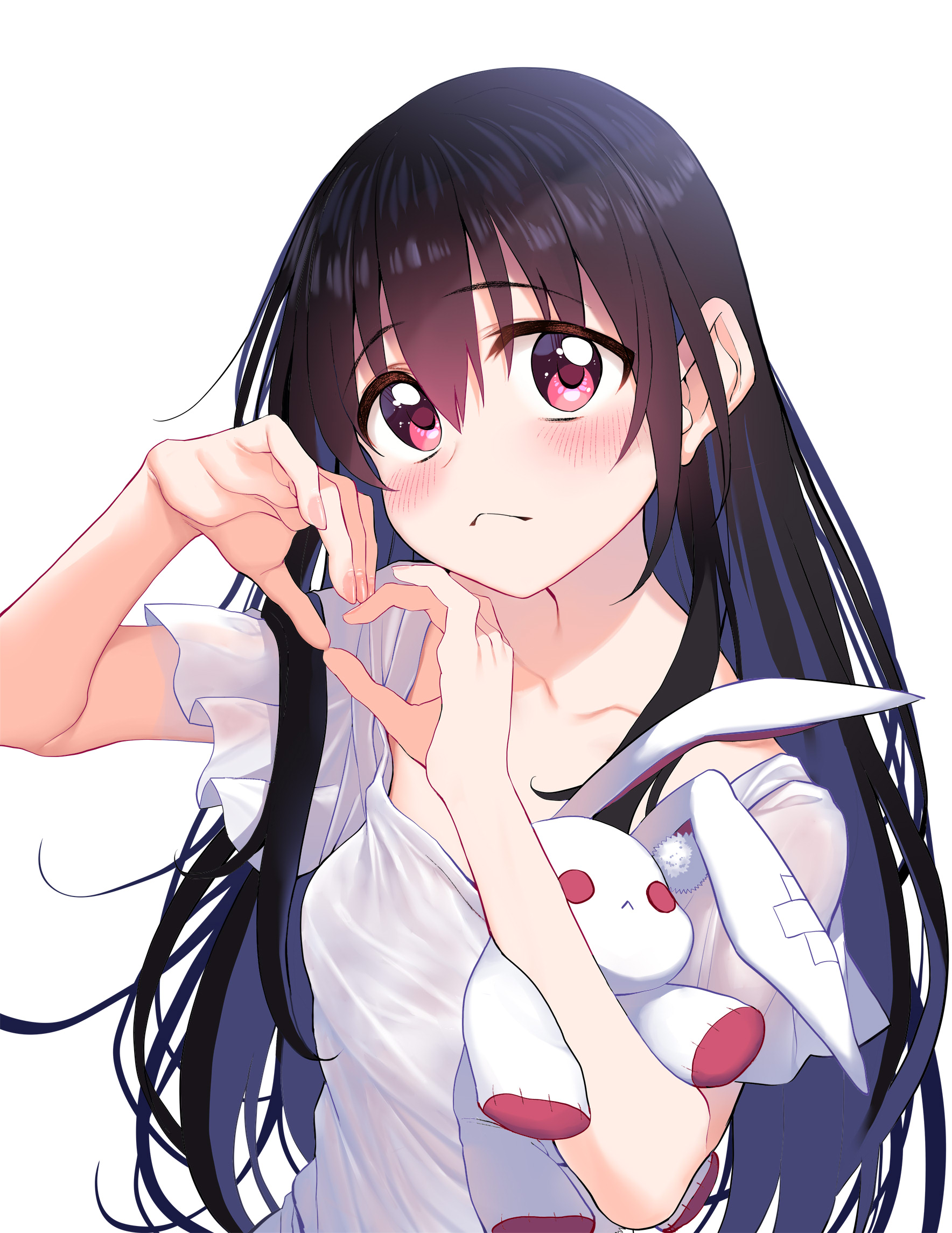 suga hideo, original, highres, 1girl, black hair, blush, breasts, dress, embarrassed, four-finger heart hands, heart, heart hands, long hair, looking at viewer, pink eyes, simple background, small breasts, solo, stuffed animal, stuffed rabbit, stuffed toy, white background, white dress