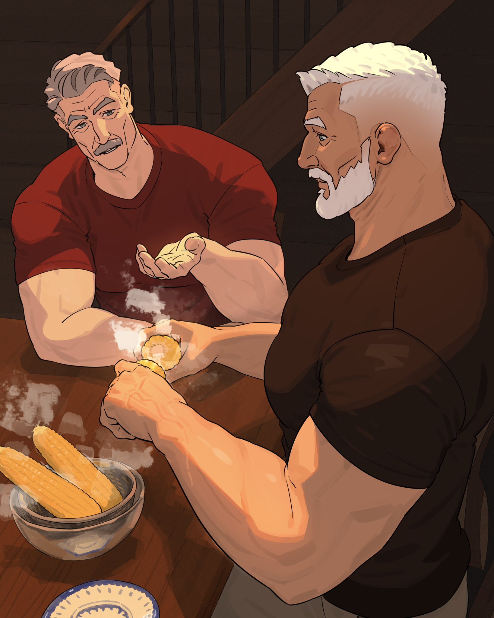 sa1k0p, original, highres, 2boys, arm on table, beard, black shirt, bowl, chair, cheekbones, closed mouth, corn, corn cob, facial hair, food, full beard, glass bowl, grey hair, holding, holding corn, holding food, indoors, looking at food, male focus, mature male, multiple boys, muscular, muscular male, mustache, old, old man, on chair, pants, plate, red shirt, shirt, short hair, sitting, stairs, steaming food, table, upper body, white hair, white pants