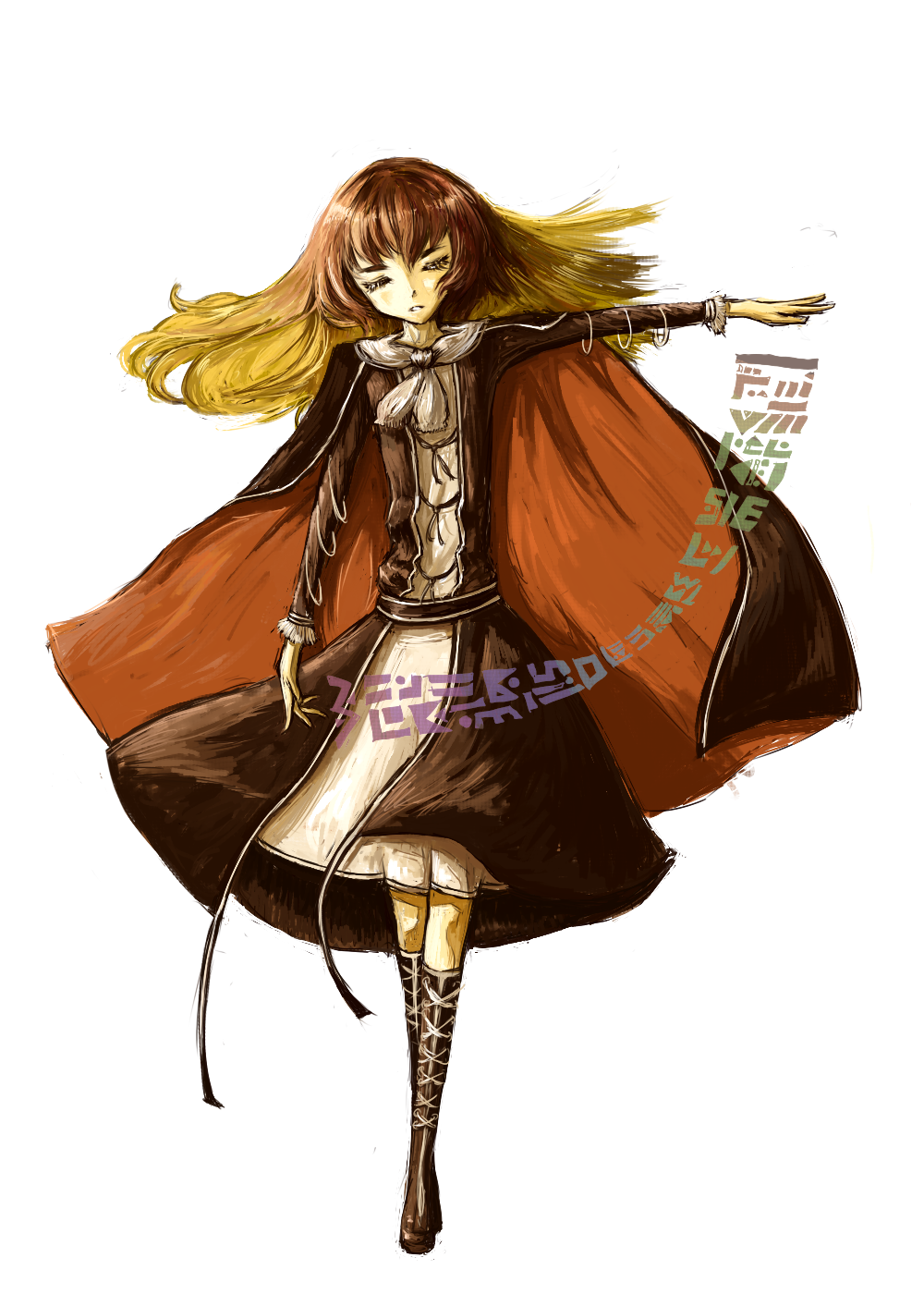 rotya, hijiri byakuren, touhou, highres, 1girl, ascot, belt, blonde hair, brown hair, closed eyes, female focus, full body, gradient hair, long sleeves, multicolored hair, simple background, solo, sorcerer's sutra scroll, standing, white background