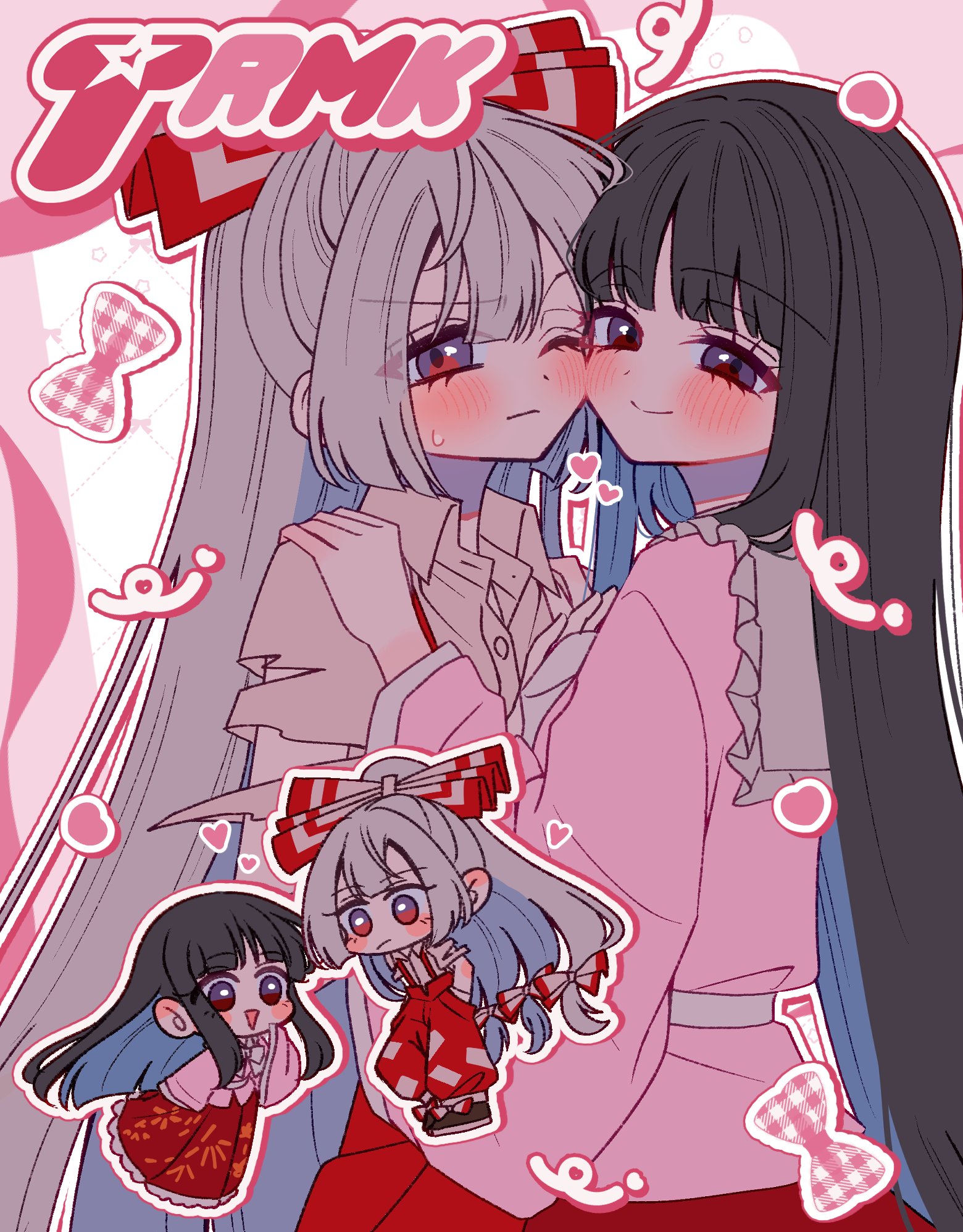 tamiko (tamik0224), fujiwara no mokou, houraisan kaguya, touhou, commentary, highres, 2girls, blush, bow, brown hair, cheek-to-cheek, chibi, closed mouth, collared shirt, grey hair, grey shirt, hair bow, hands in pockets, heads together, hug, long hair, long sleeves, looking at viewer, multiple girls, multiple hair bows, ofuda, one eye closed, pants, pink shirt, red eyes, red pants, red skirt, shirt, skirt, smile, suspenders, torn clothes, torn sleeves, very long hair, wide sleeves, yuri