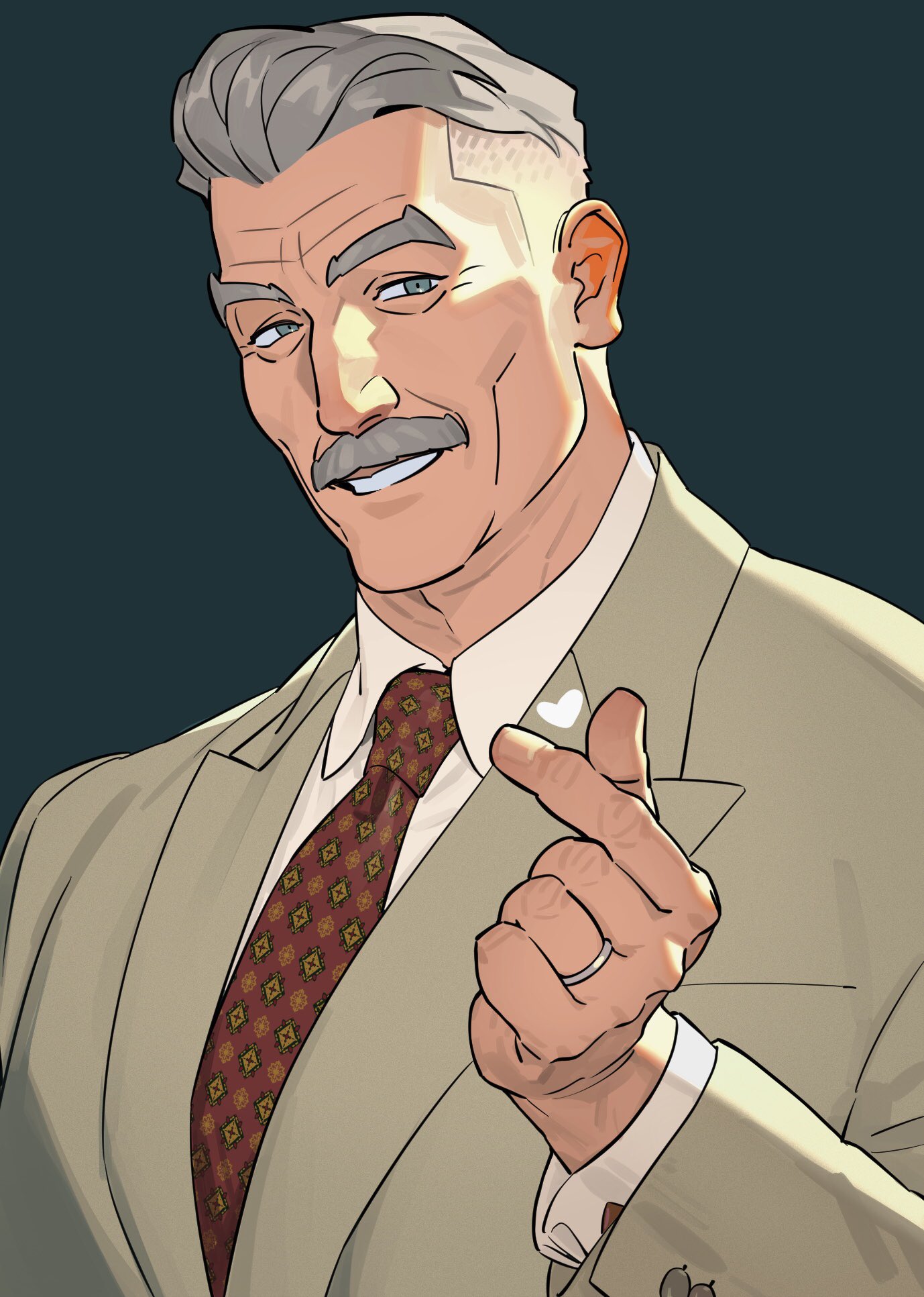 sa1k0p, original, highres, 1boy, brown suit, checkered necktie, collared shirt, facial hair, finger heart, formal clothes, green background, grey eyes, grey hair, hair slicked back, heart, jacket, jewelry, looking at viewer, male focus, mature male, muscular, muscular male, mustache, necktie, old, old man, red necktie, ring, shirt, short hair, simple background, smile, solo, suit, suit jacket, undercut, wedding ring, white shirt