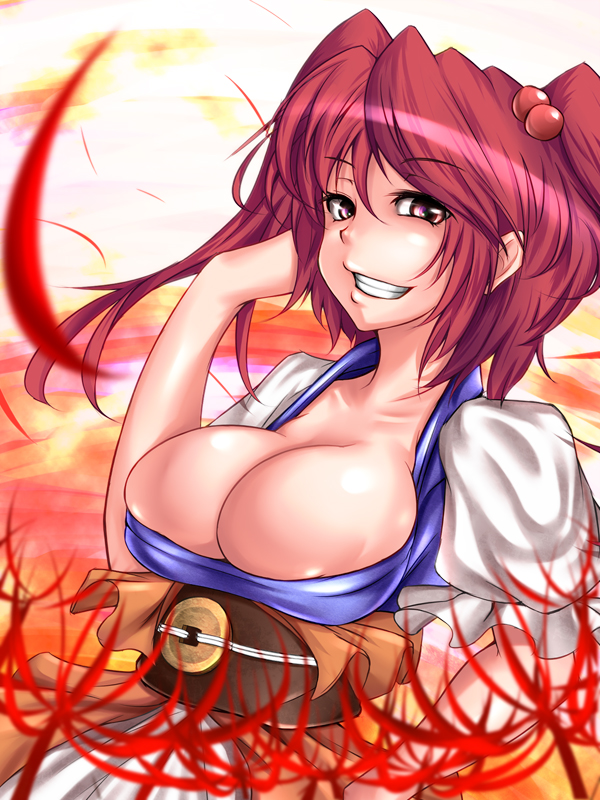 masataka, onozuka komachi, touhou, bad id, bad pixiv id, 1girl, breasts, cleavage, female focus, flower, grin, huge breasts, open clothes, red flower, smile, solo, spider lily
