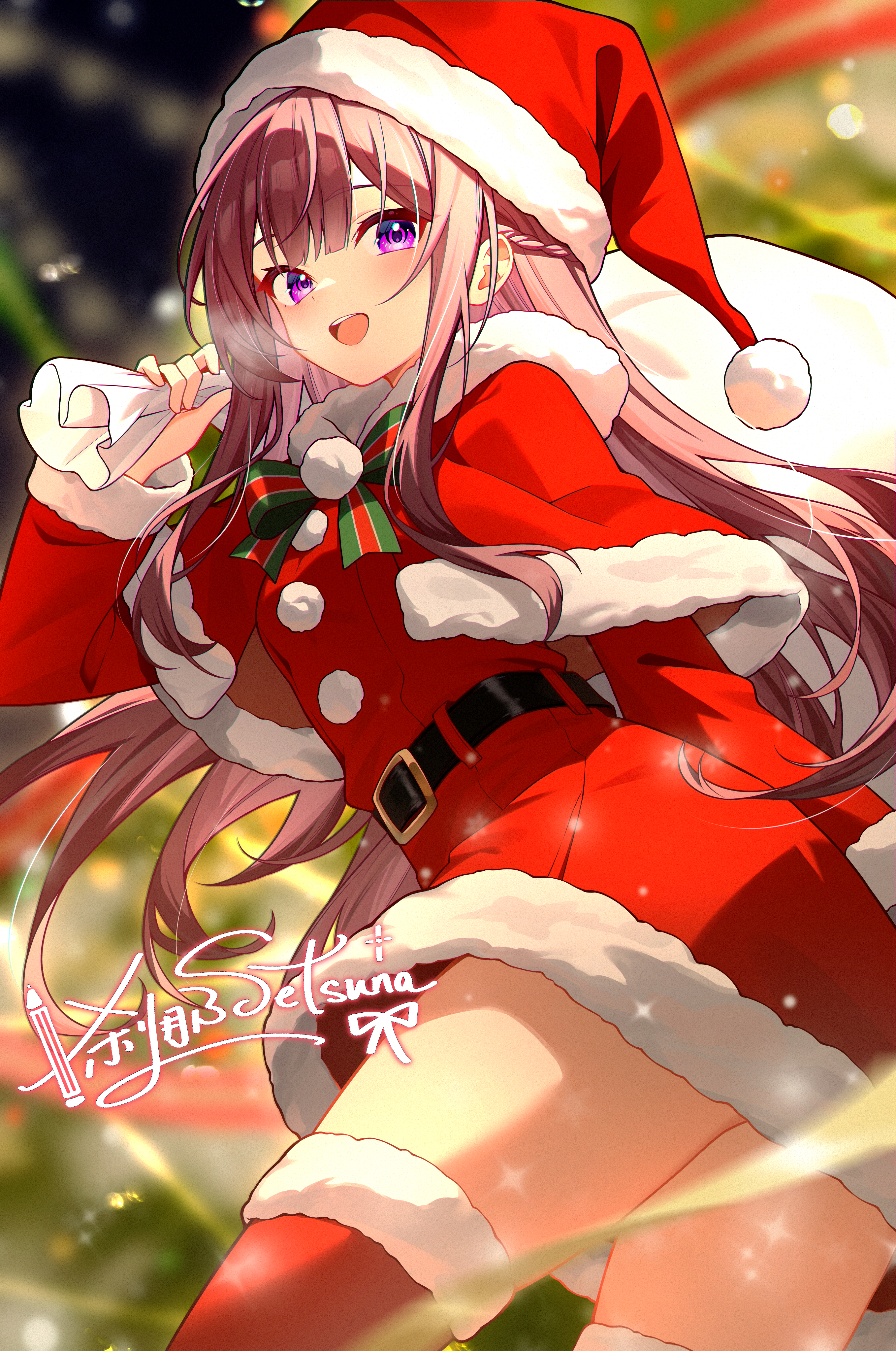 setsuna 0430, absurdres, character request, copyright request, highres, 1girl, :d, blurry, blurry background, blush, bow, bowtie, breasts, breath, carrying, carrying over shoulder, christmas, dress, green bow, green bowtie, hat, large breasts, long hair, looking at viewer, looking to the side, open mouth, piggyback, pink hair, purple eyes, red bow, red bowtie, red dress, santa costume, santa dress, santa hat, smile, solo, teeth, two-tone bow, two-tone bowtie, upper teeth only, very long hair