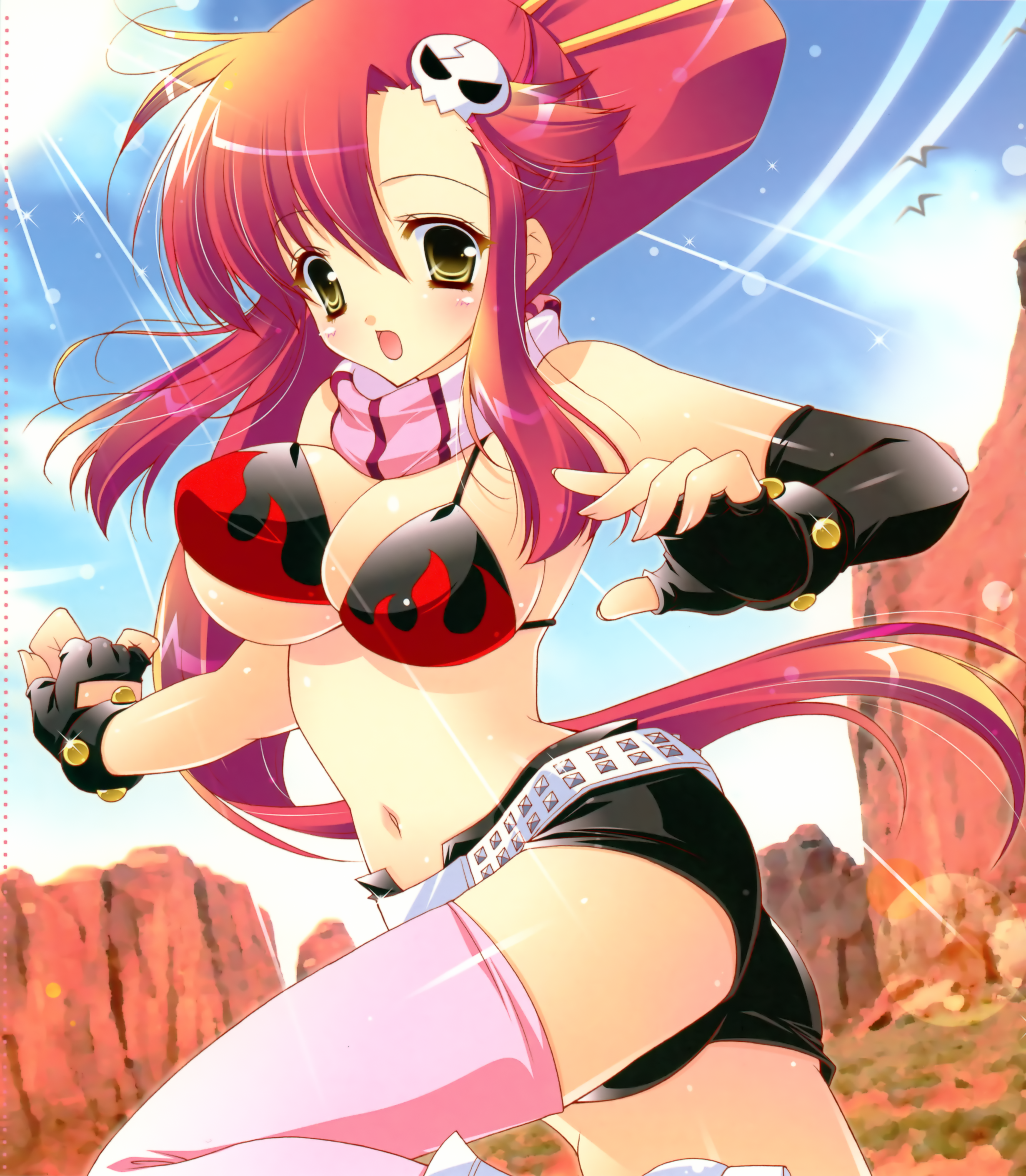 shigunyan, yoko littner, tengen toppa gurren lagann, absurdres, highres, 00s, belt, bikini, bikini top only, blush, bracelet, breasts, cleavage, fingerless gloves, gloves, large breasts, lens flare, light rays, long hair, ponytail, red hair, scarf, shorts, solo, studded belt, studded bracelet, sunbeam, sunlight, swimsuit, thighhighs, underboob, yellow eyes