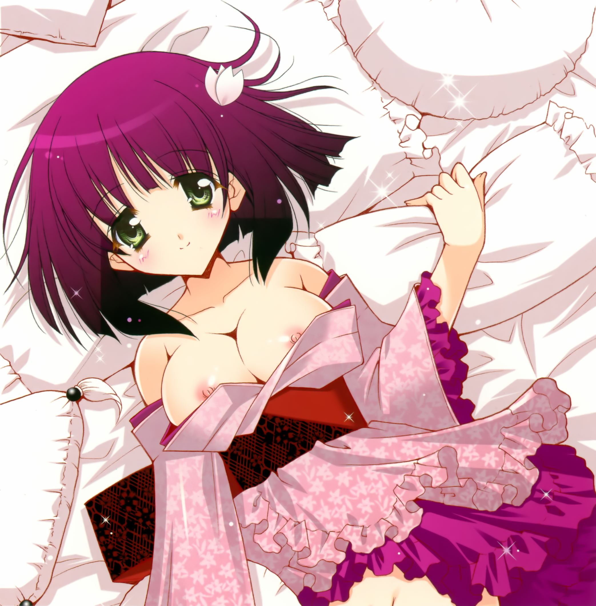 shigunyan, highres, 1girl, breasts, female focus, japanese clothes, kimono, medium breasts, nipples, no panties, short hair, solo