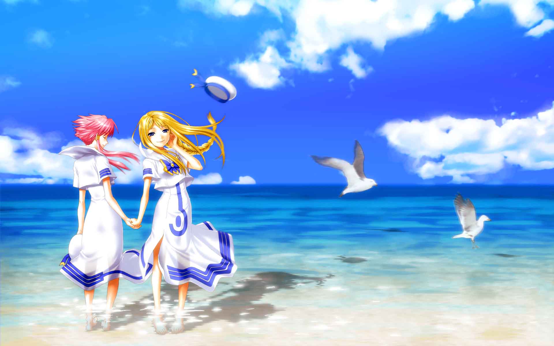 azumi amane, soshina nohito, alicia florence, mizunashi akari, aria (manga), highres, jpeg artifacts, 00s, 2girls, barefoot, beach, bird, blonde hair, blouse, blue eyes, braid, closed eyes, cloud, day, dress, hat, long hair, multiple girls, ocean, outdoors, pink hair, shirt, sidelocks, single braid, sky, smile, standing, very long hair, water, white shirt, wind