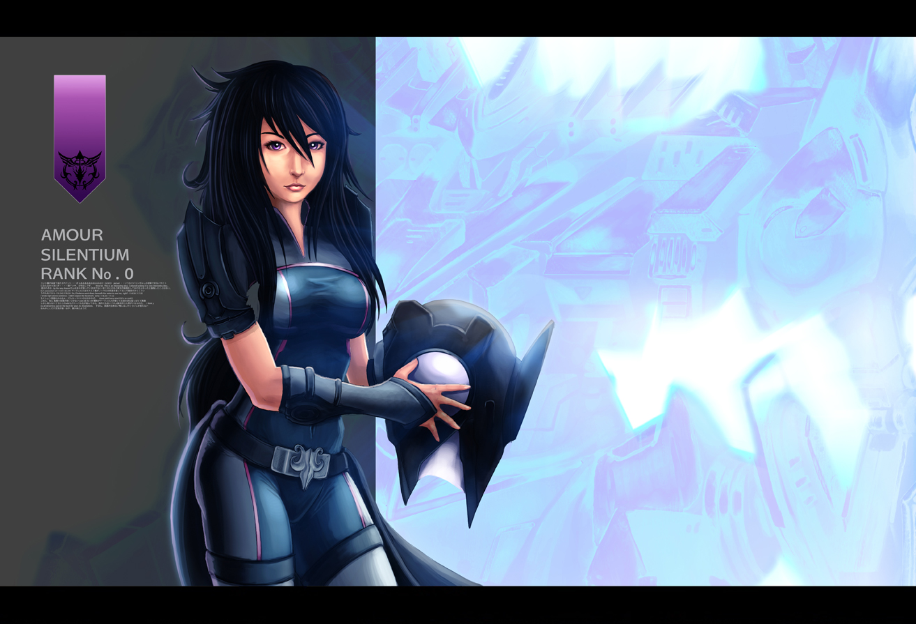 armored core, fromsoftware, 1girl, black hair, female focus, helmet, long hair, mecha, robot, solo, standing