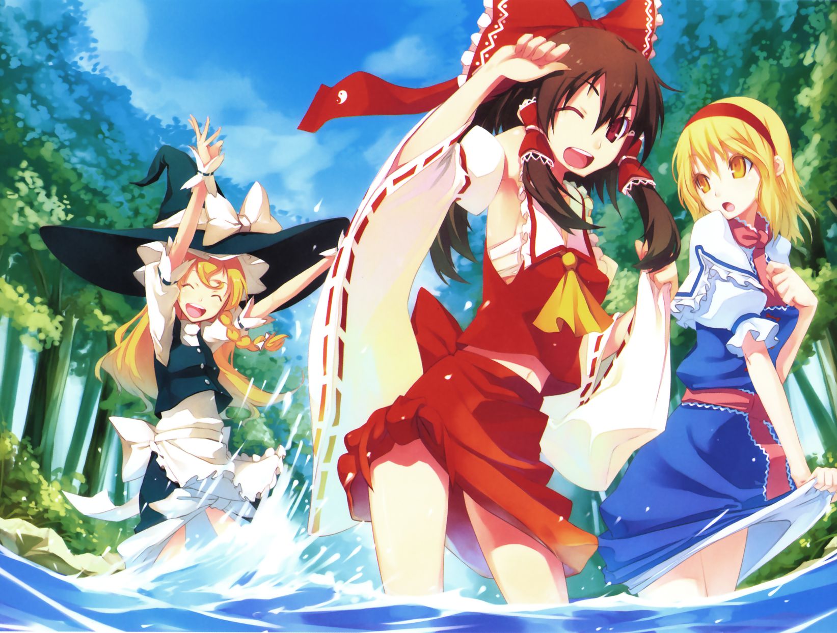 shingo (missing link), alice margatroid, hakurei reimu, kirisame marisa, touhou, highres, scan, 3girls, black hair, blonde hair, brown eyes, brown hair, closed eyes, colored eyelashes, day, eyelashes, female focus, multiple girls, one eye closed, open mouth, outstretched arms, ribbon, short hair, skirt hold, sky, smile, tree, water, wink, yellow eyes