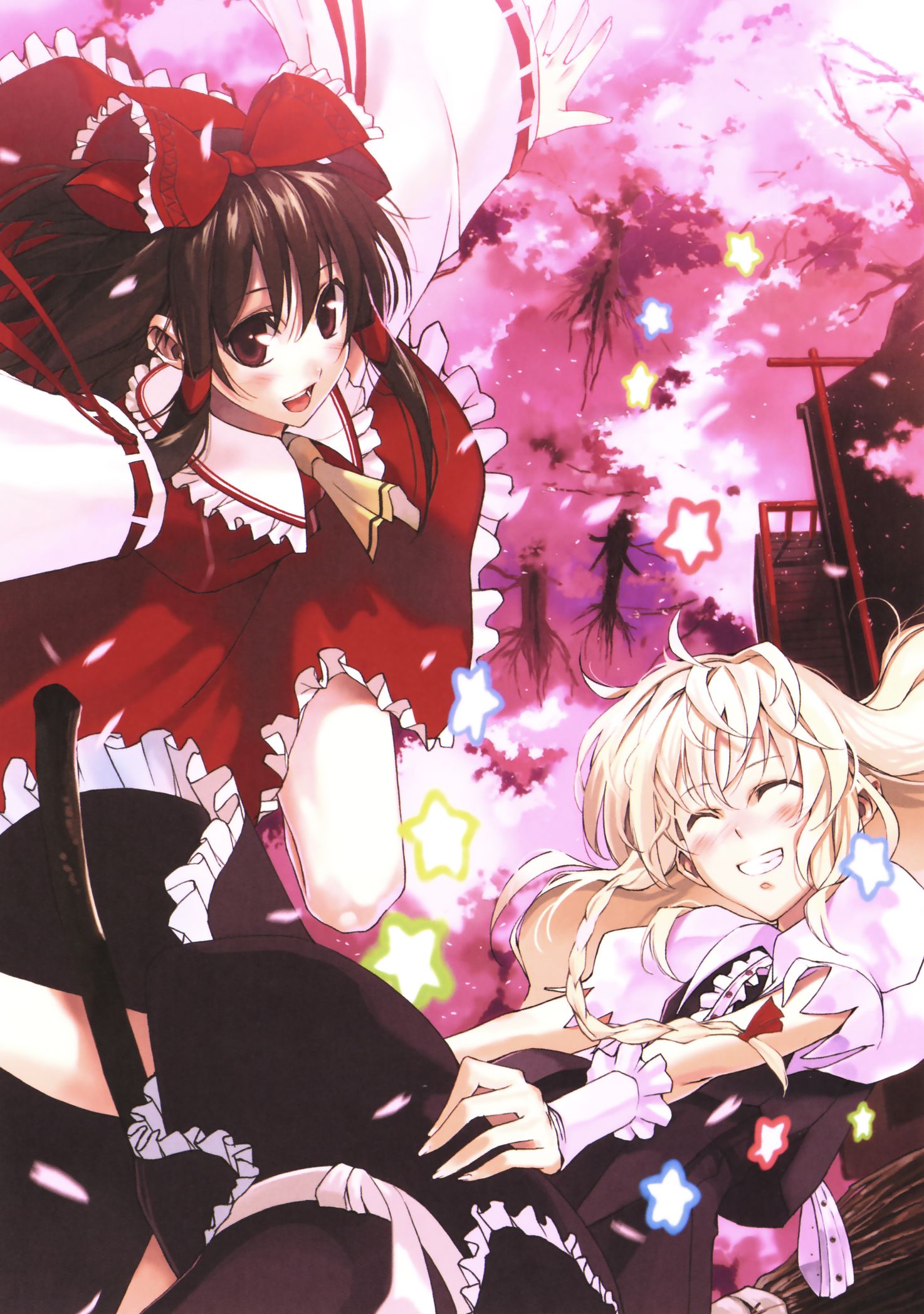 morii shizuki, hakurei reimu, kirisame marisa, touhou, highres, 2girls, bow, braid, broom, broom riding, cherry blossoms, closed eyes, female focus, flying, frills, from above, grin, hair bow, happy, hat, holding, holding unworn hat, japanese clothes, large bow, miko, multiple girls, nature, outdoors, outstretched arms, plant, ribbon, smile, spread arms, star (symbol), unworn hat, unworn headwear, witch, witch hat