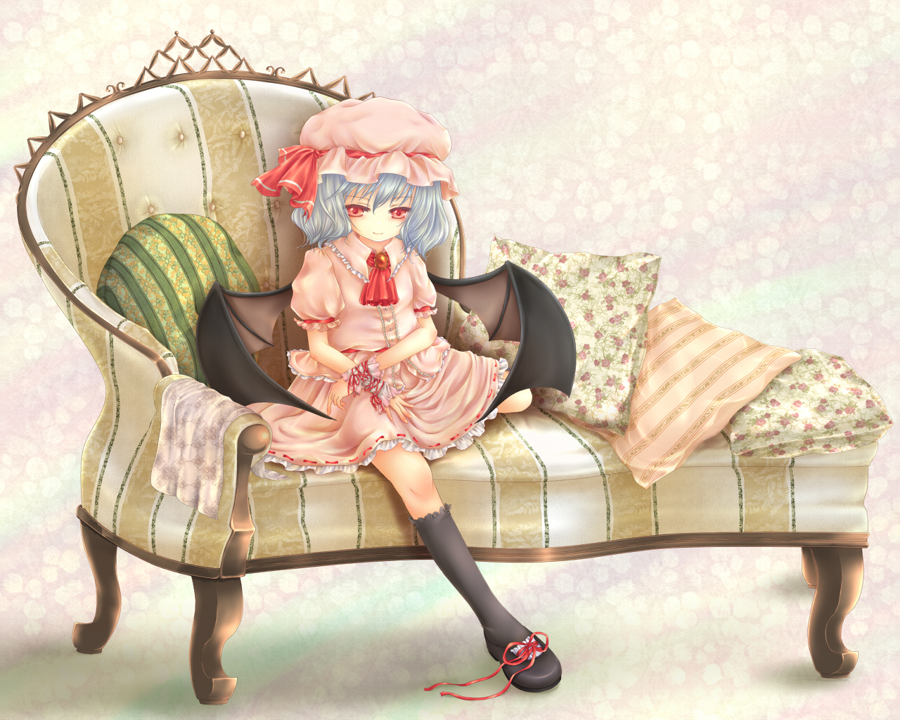 chiri (nekoyamo), remilia scarlet, touhou, 1girl, bat wings, couch, female focus, full body, kneehighs, pillow, red eyes, shoes, sitting, socks, solo, wings