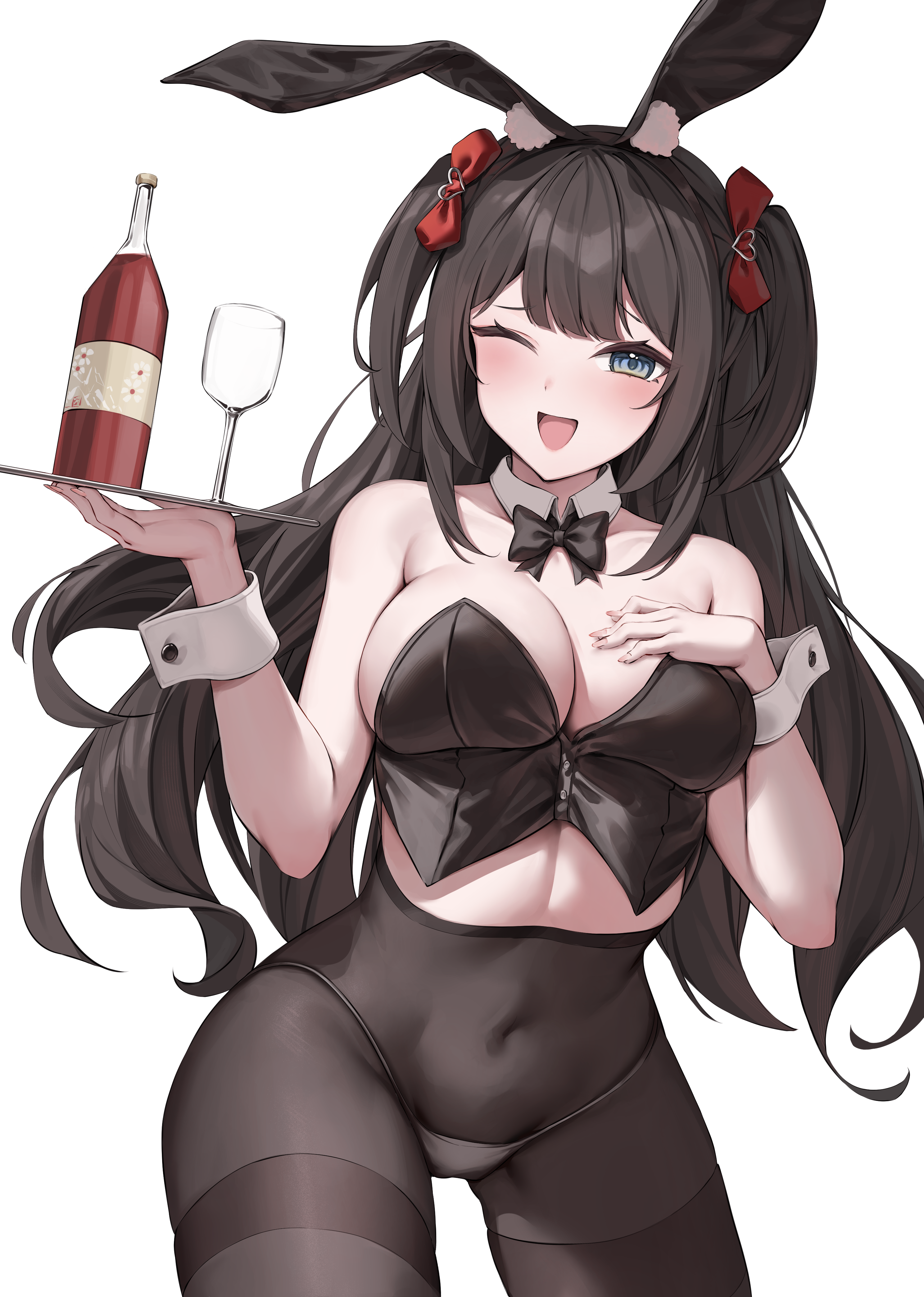 shiriaru (jjonaeng), shirayuki hina, stellive, absurdres, commentary, highres, 1girl, alcohol, animal ear hairband, animal ears, bare shoulders, black bow, black bowtie, black hair, black pantyhose, blue eyes, blush, bottle, bow, bowtie, breasts, cleavage, collarbone, covered navel, crop top, cup, detached collar, drinking glass, fake animal ears, hair bow, hairband, hand on own chest, hand up, high-waist pantyhose, holding, holding tray, large breasts, long hair, looking at viewer, one eye closed, open mouth, panties, panties under pantyhose, pantyhose, playboy bunny, rabbit ear hairband, rabbit ears, red bow, red wine, smile, solo, standing, string panties, thighband pantyhose, thighs, tray, two side up, underwear, very long hair, virtual youtuber, white panties, white wrist cuffs, wine, wine bottle, wine glass, wrist cuffs