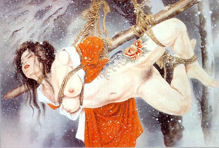 kaname ozuma, original, no underwear, 1girl, arms behind back, barefoot, bdsm, bondage, bound, bound ankles, bound arms, bound legs, breasts, brown hair, closed eyes, cold, feet, female pubic hair, japanese clothes, kimono, medium hair, nipples, no bra, no panties, nude, open clothes, open kimono, outdoors, ozuma yoko, parted lips, pubic hair, public indecency, public nudity, rope, shibari, snow, suspension, tattoo, toes, winter