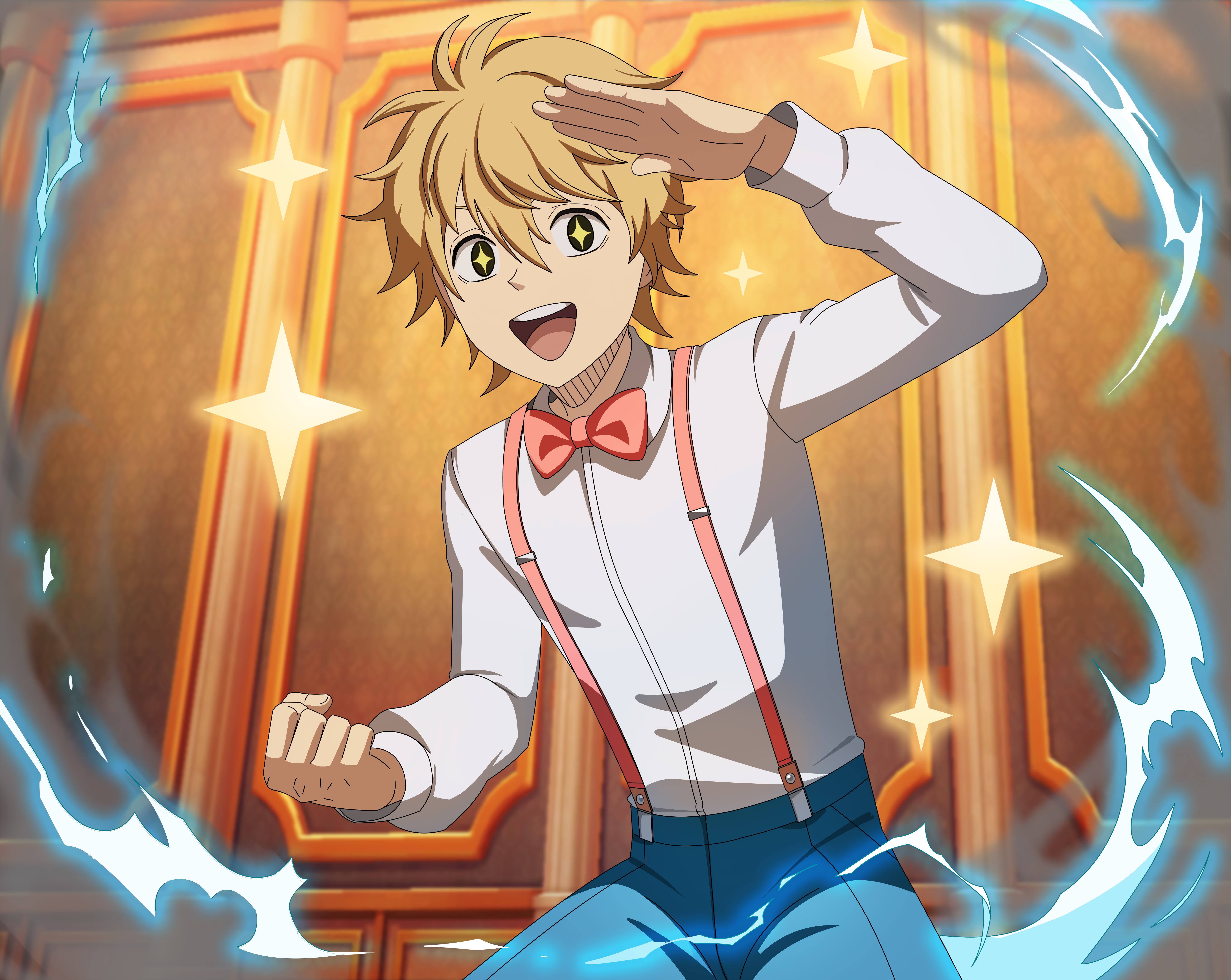 luck voltia, black clover, black clover m: rise of the wizard king, absurdres, highres, non-web source, official art, 1boy, blonde hair, blue pants, bow, bowtie, clenched hand, official alternate costume, pants, pink bow, pink bowtie, shirt, short hair, solo, sparkle, sparkling eyes, suspenders, teeth, upper teeth only, white shirt