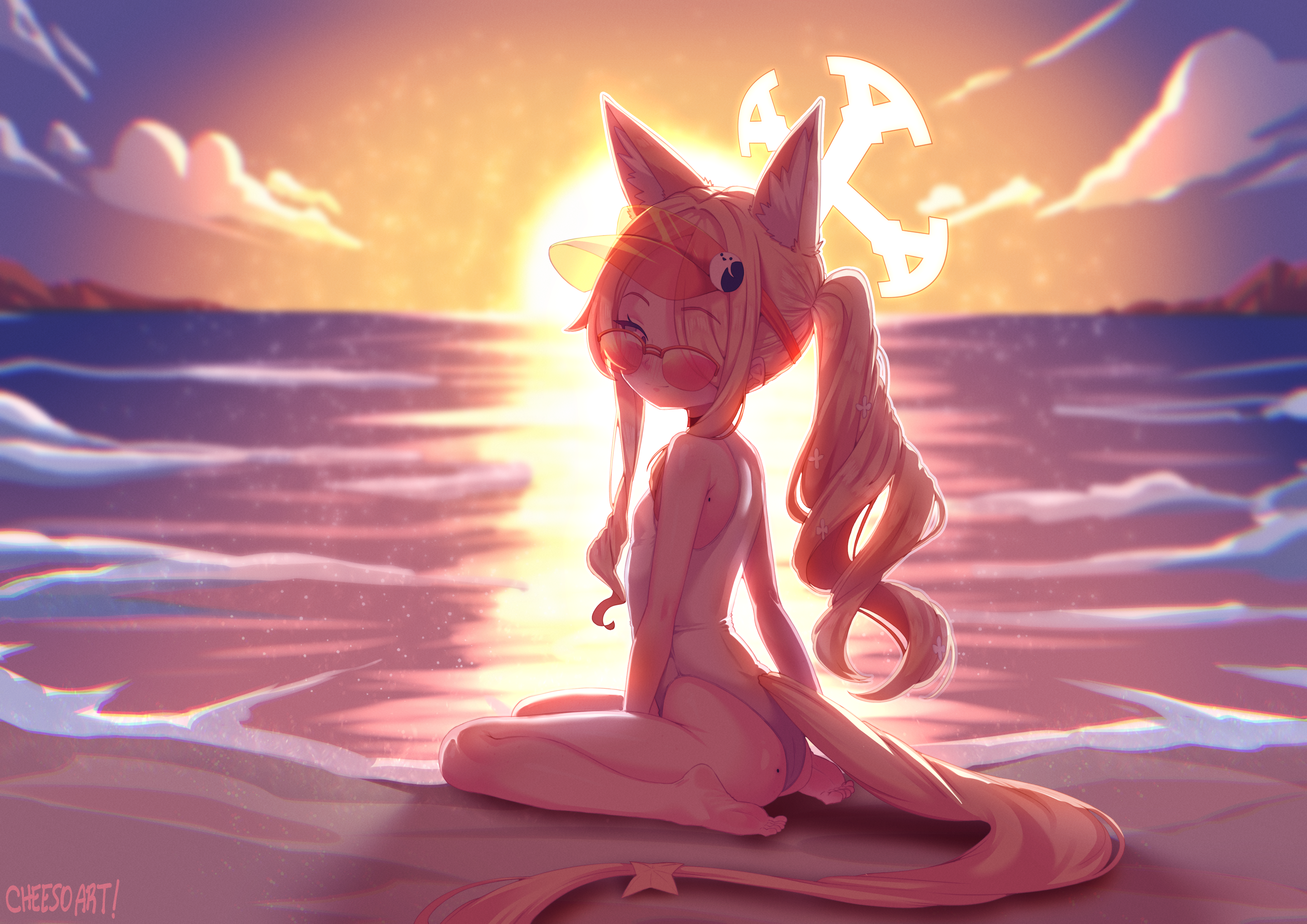cheeso art, seia (blue archive), seia (swimsuit) (blue archive), blue archive, absurdres, commentary request, highres, 1girl, animal ears, artist name, ass, barefoot, beach, blonde hair, evening, flat chest, fox ears, fox girl, fox tail, long hair, looking at viewer, ocean, official alternate costume, one-piece swimsuit, outdoors, sitting, soles, solo, sunglasses, sunset, swimsuit, tail, toes, visor cap, wariza, white one-piece swimsuit